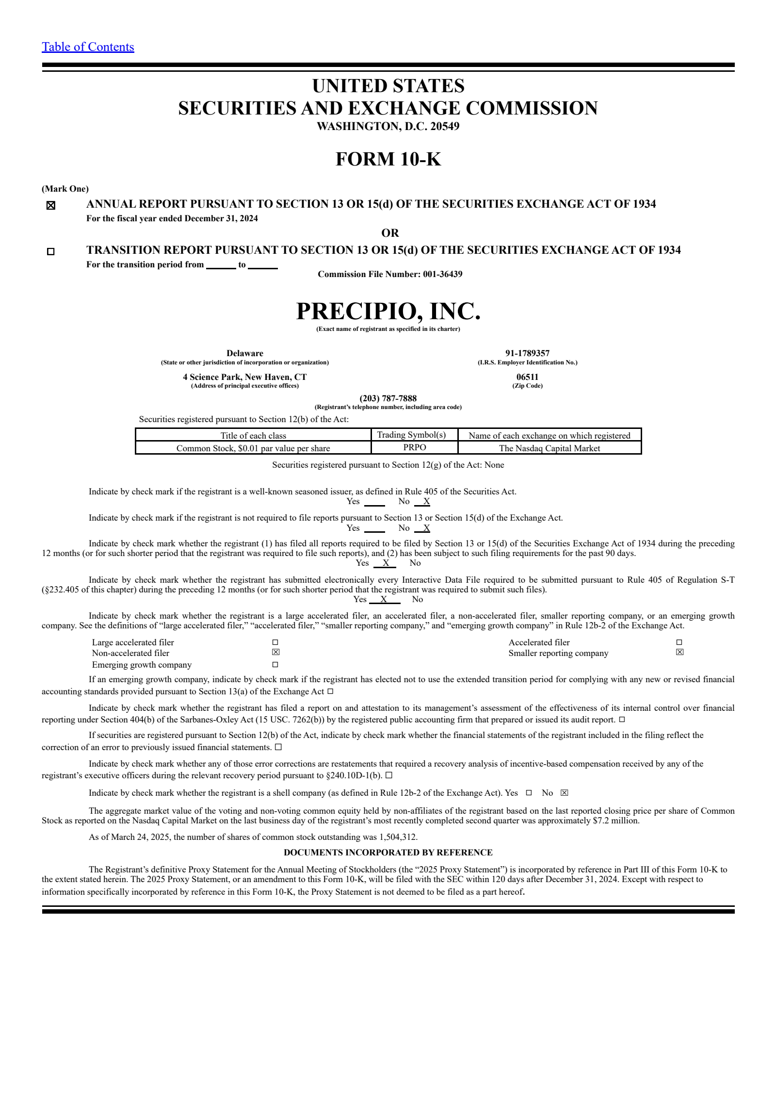 Precipio's Q4 2024 Annual report