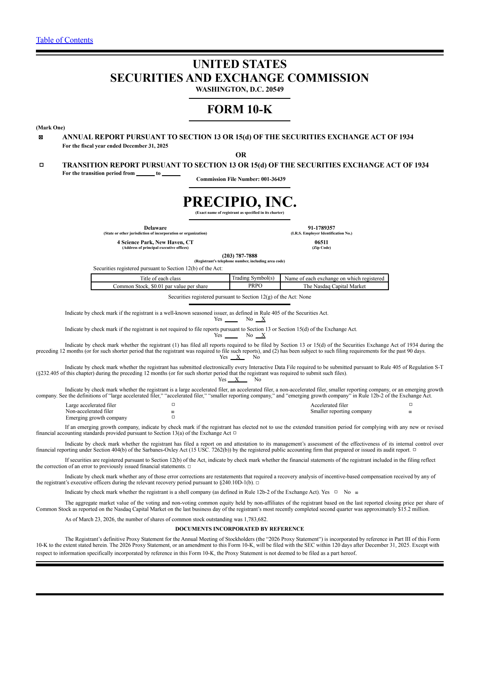 Precipio's Q4 2025 Annual report