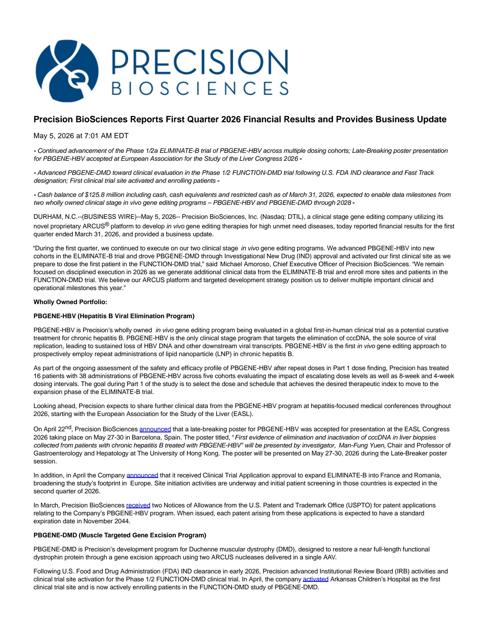 Precision BioSciences' Q1 2026 Press Release