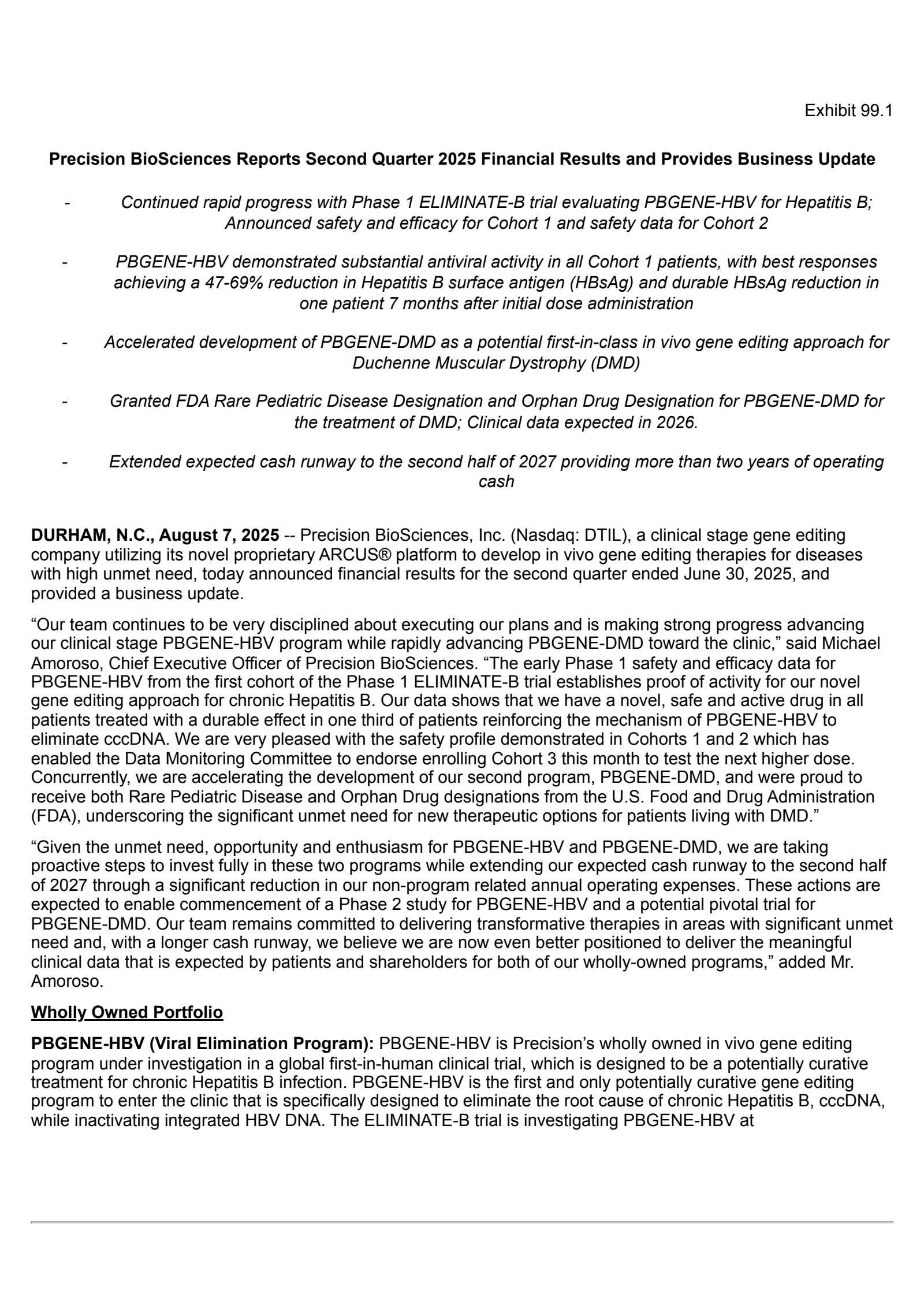 Precision BioSciences' Q2 2025 Press Release