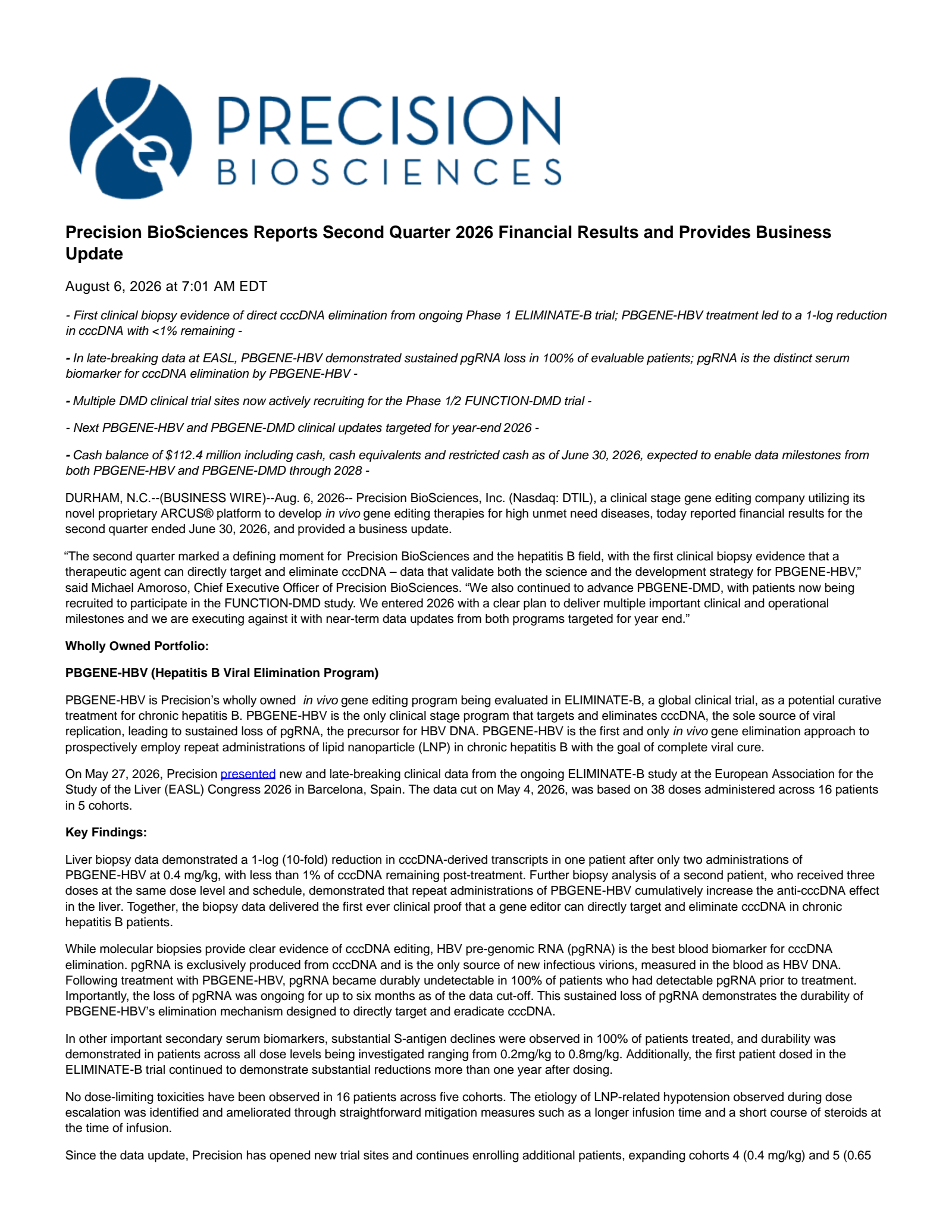 Precision BioSciences' Q2 2026 Press Release