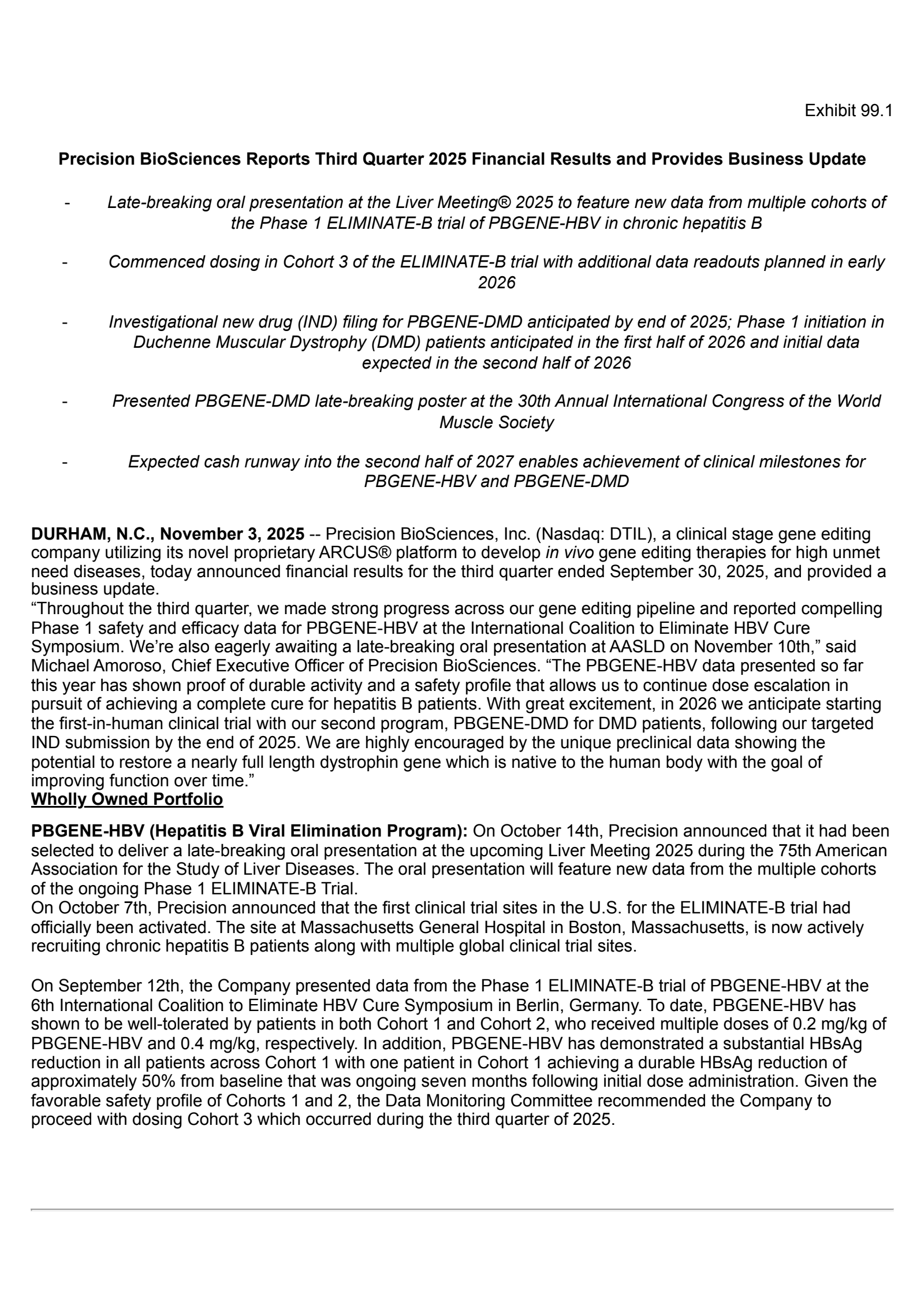Precision BioSciences' Q3 2025 Earnings Release
