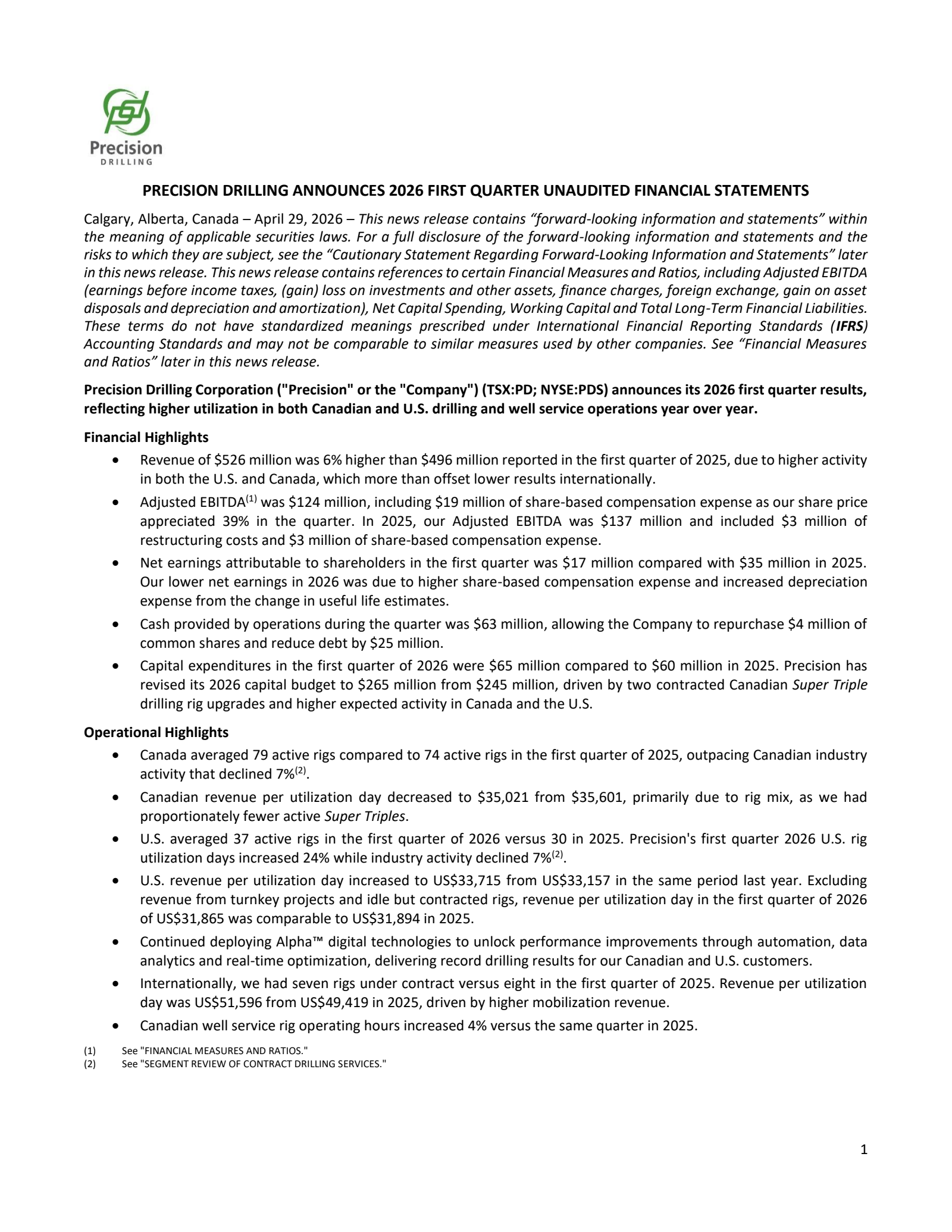 Precision Drilling's Q1 2026 Press Release