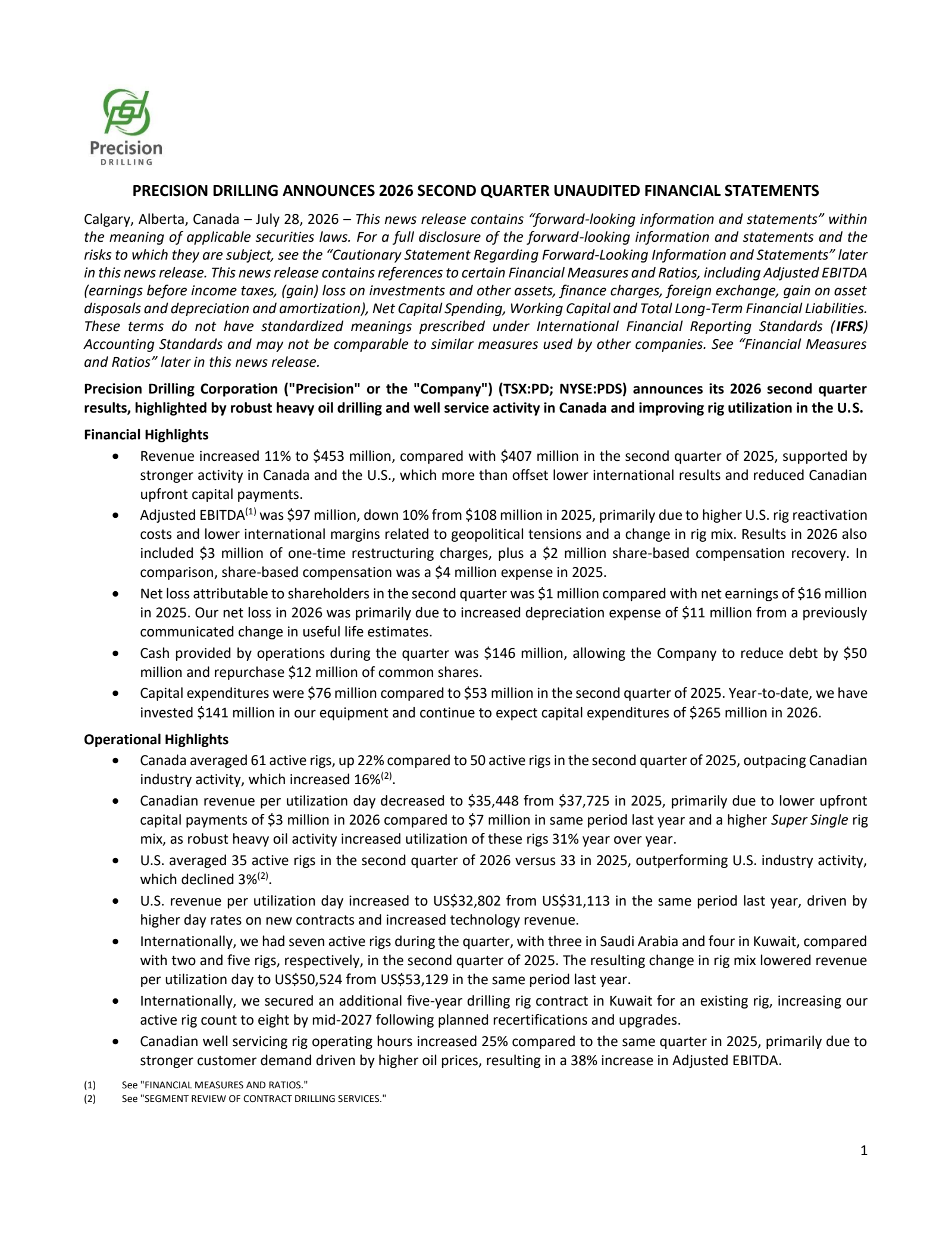 Precision Drilling's Q2 2026 Press Release