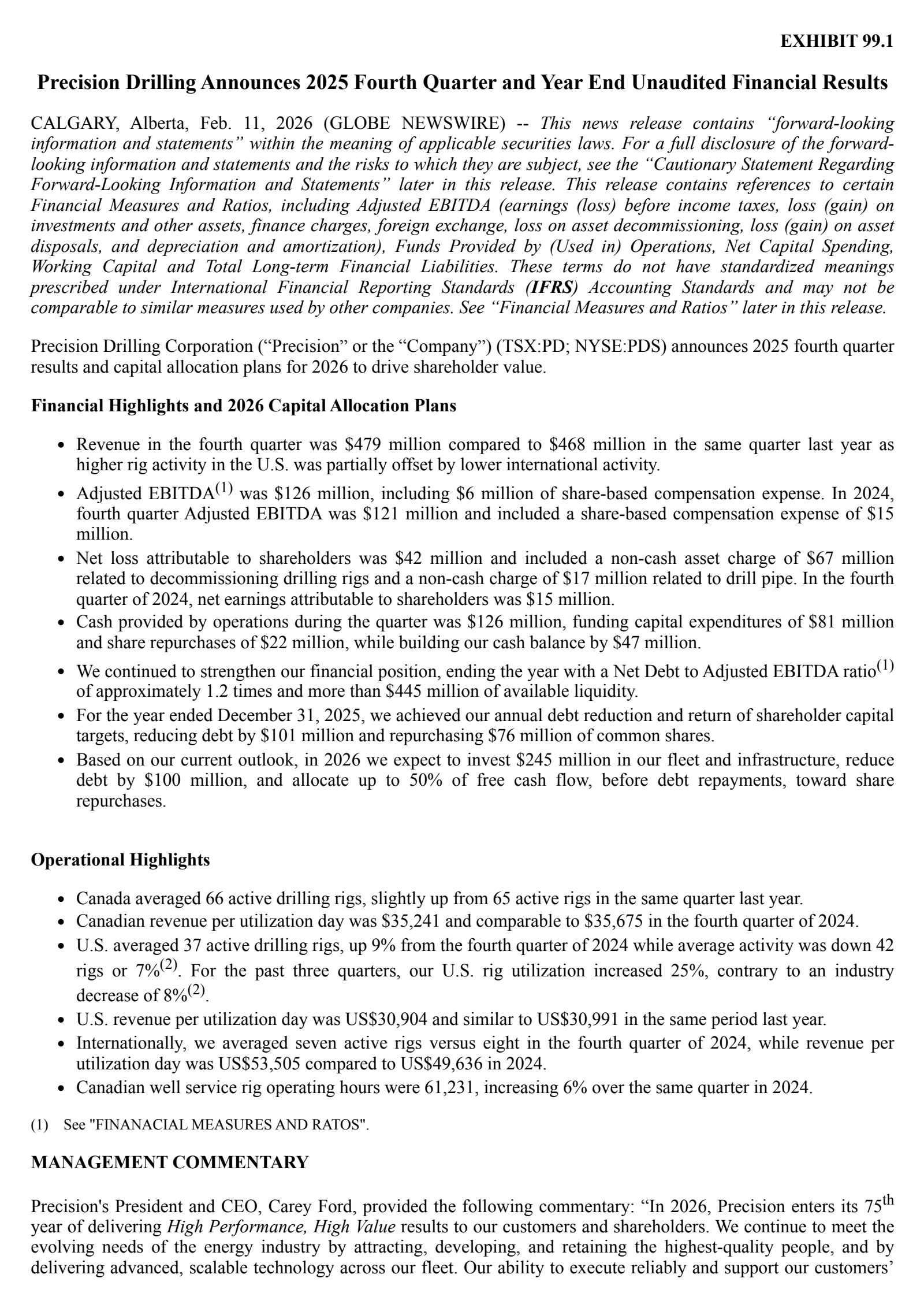 Precision Drilling's Q4 2025 Press Release