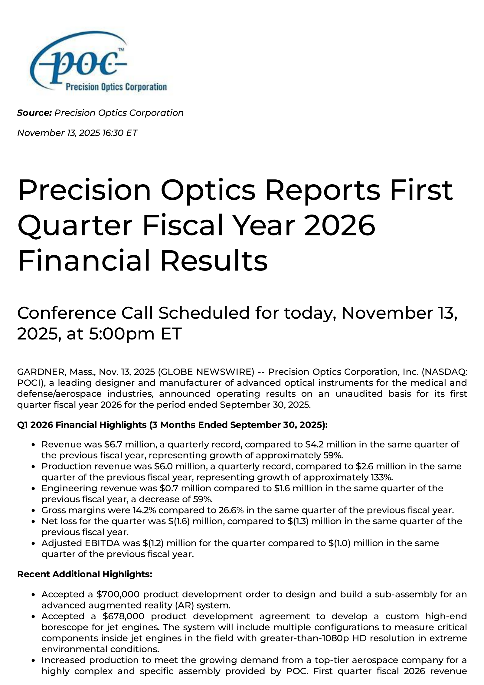 Precision Optics' Q1 2026 Earnings Release