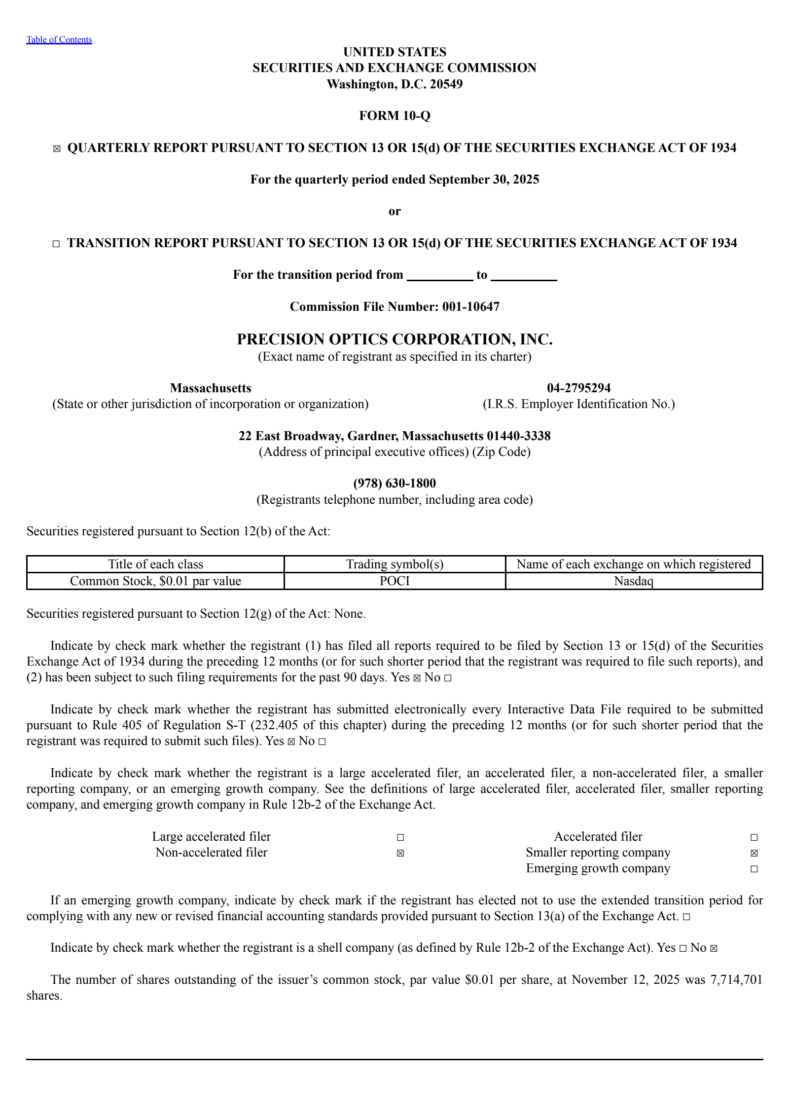Precision Optics' Q1 2026 Quarterly Report