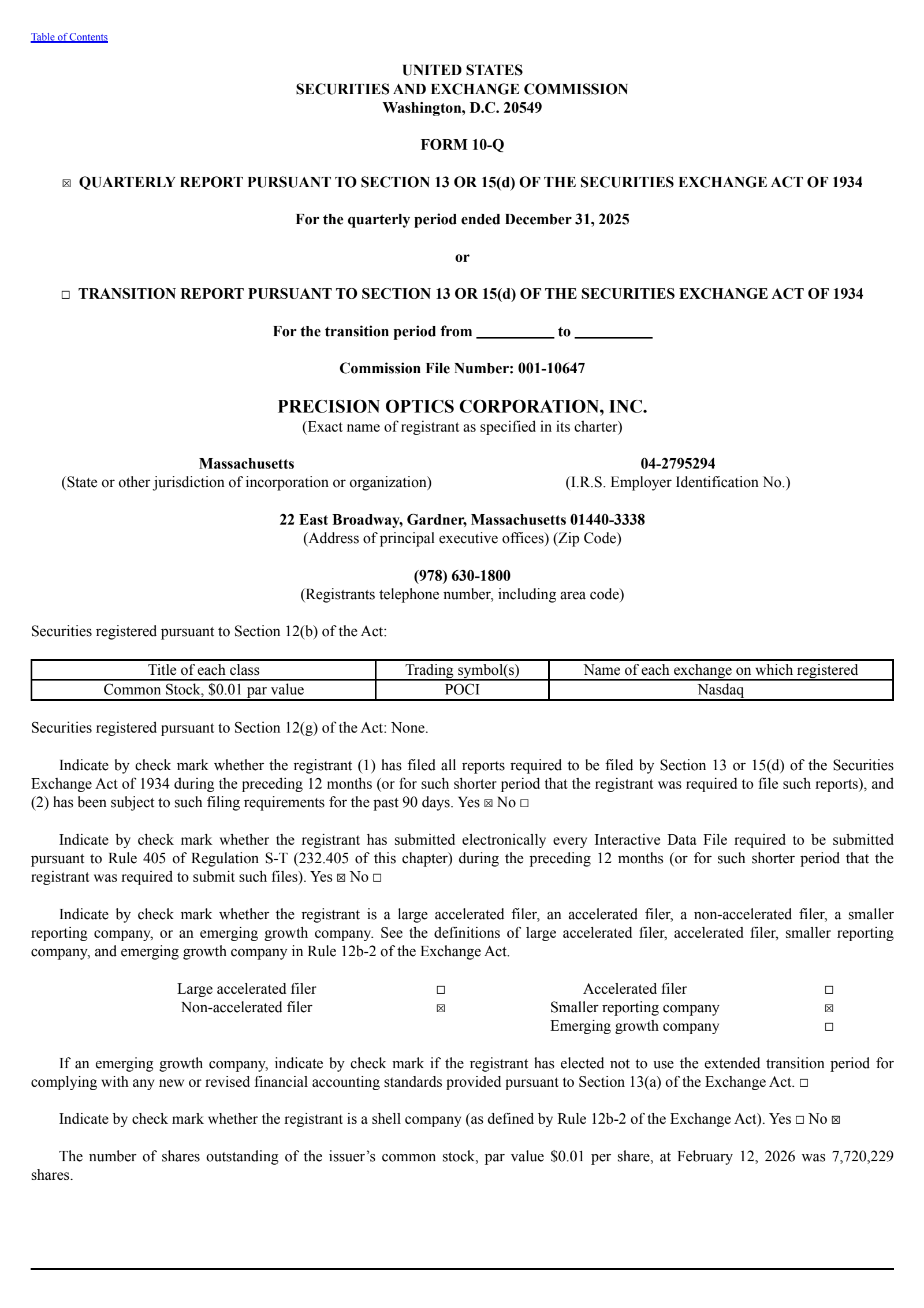 Precision Optics' Q2 2026 Quarterly report