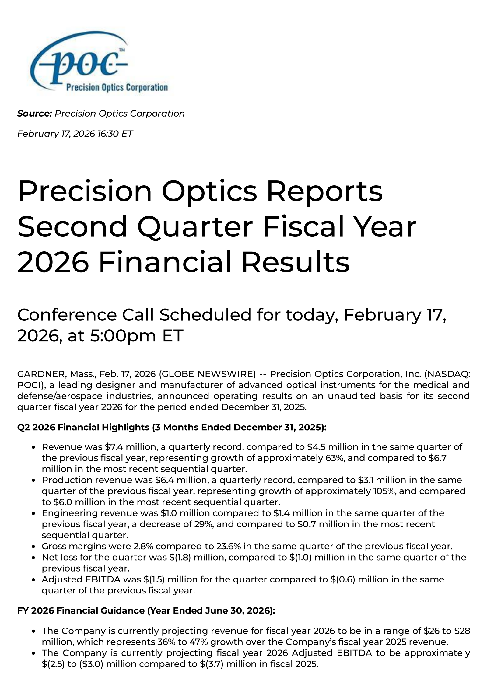 Precision Optics' Q2 2026 Press Release