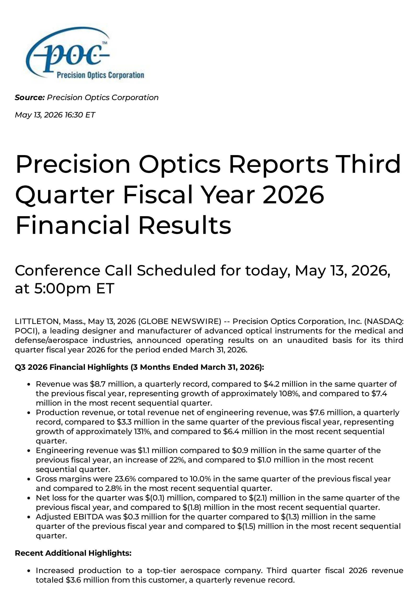 Precision Optics' Q3 2026 Press Release