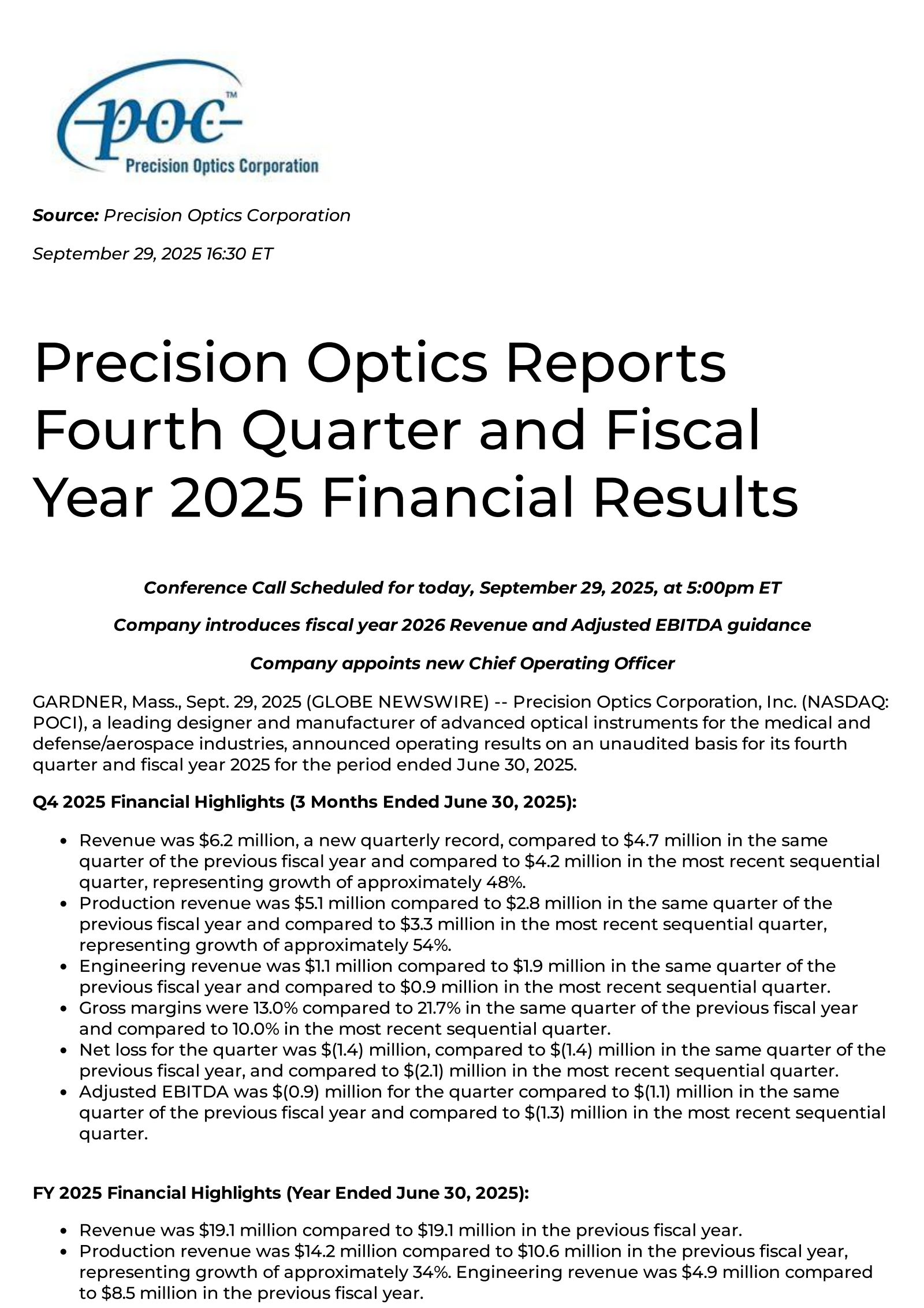 Precision Optics' Q4 2025 Earnings Release
