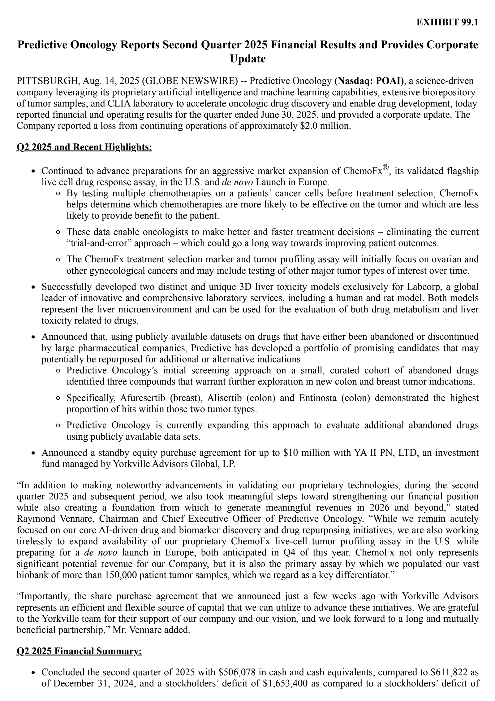 Predictive Oncology's Q2 2025 Press Release
