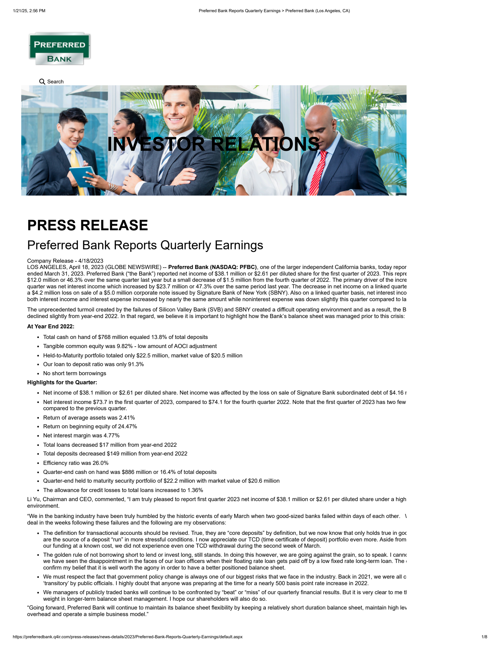 Preferred Bank's Q1 2023 Press Release
