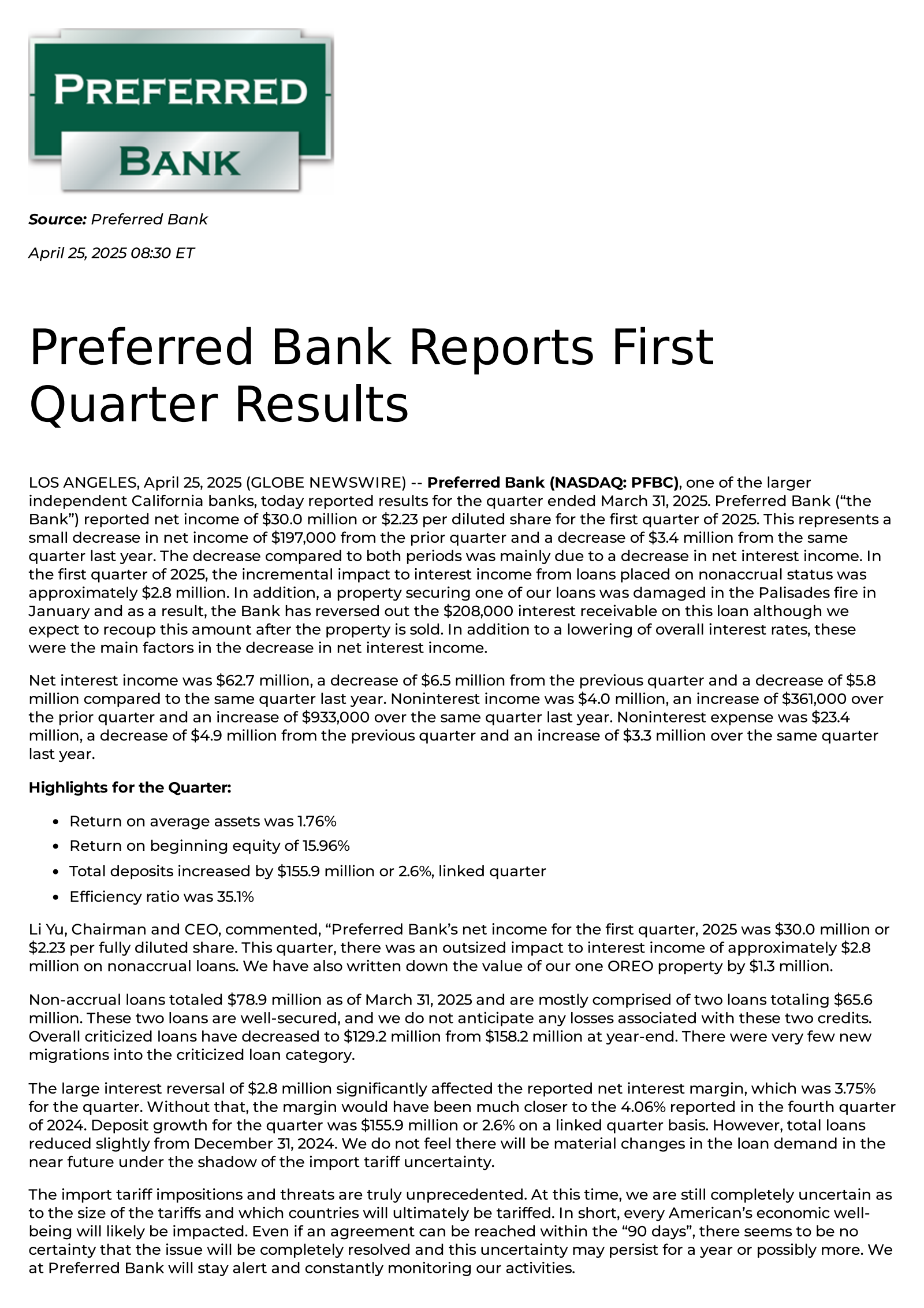 Preferred Bank's Q1 2025 Press Release