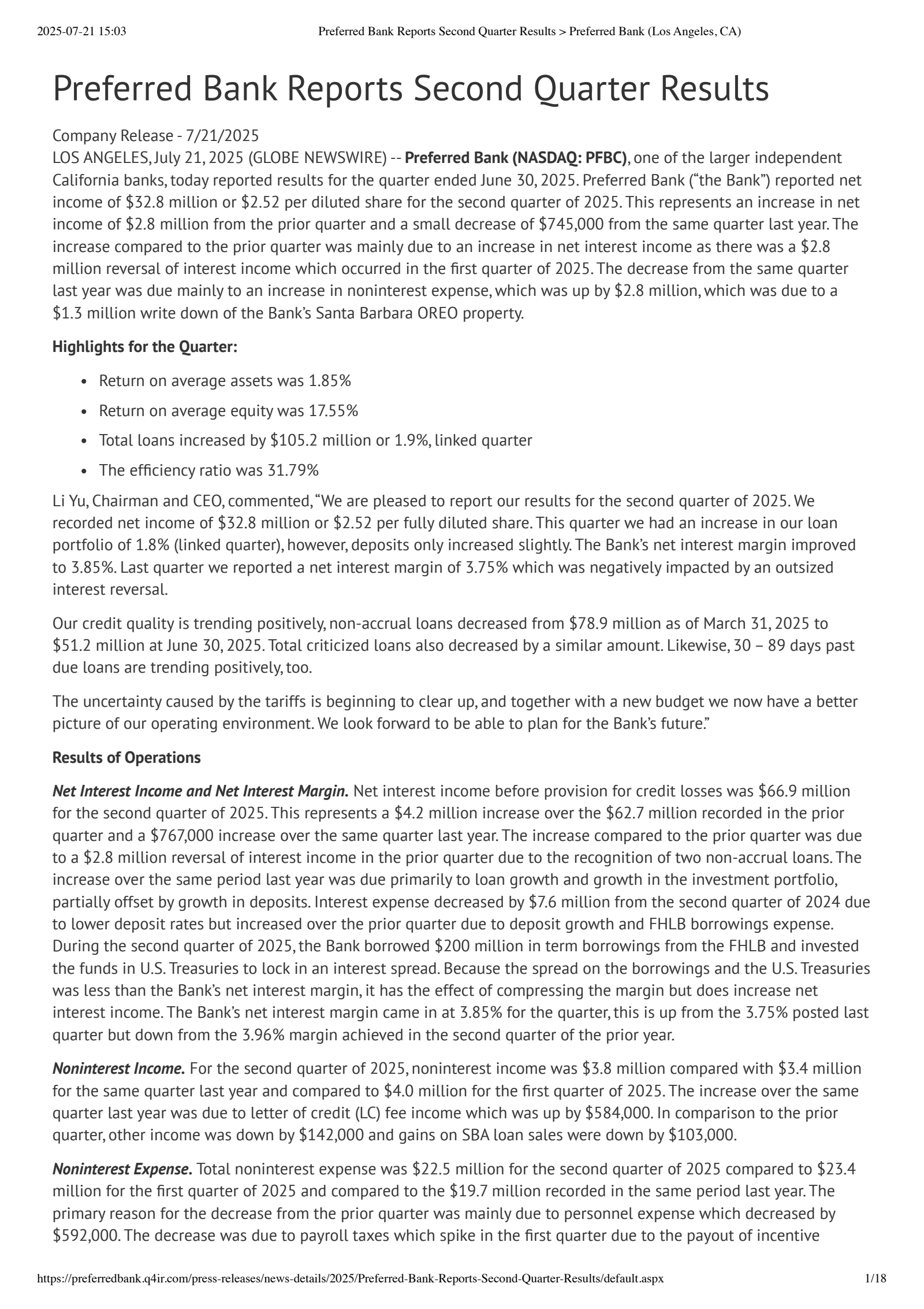 Preferred Bank's Q2 2025 Press Release