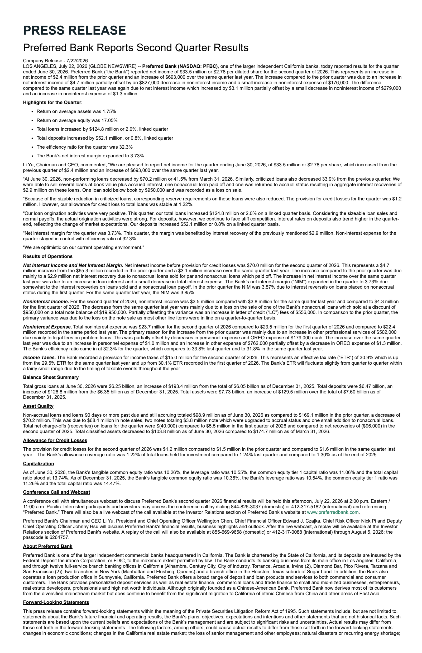 Preferred Bank's Q2 2026 Press Release