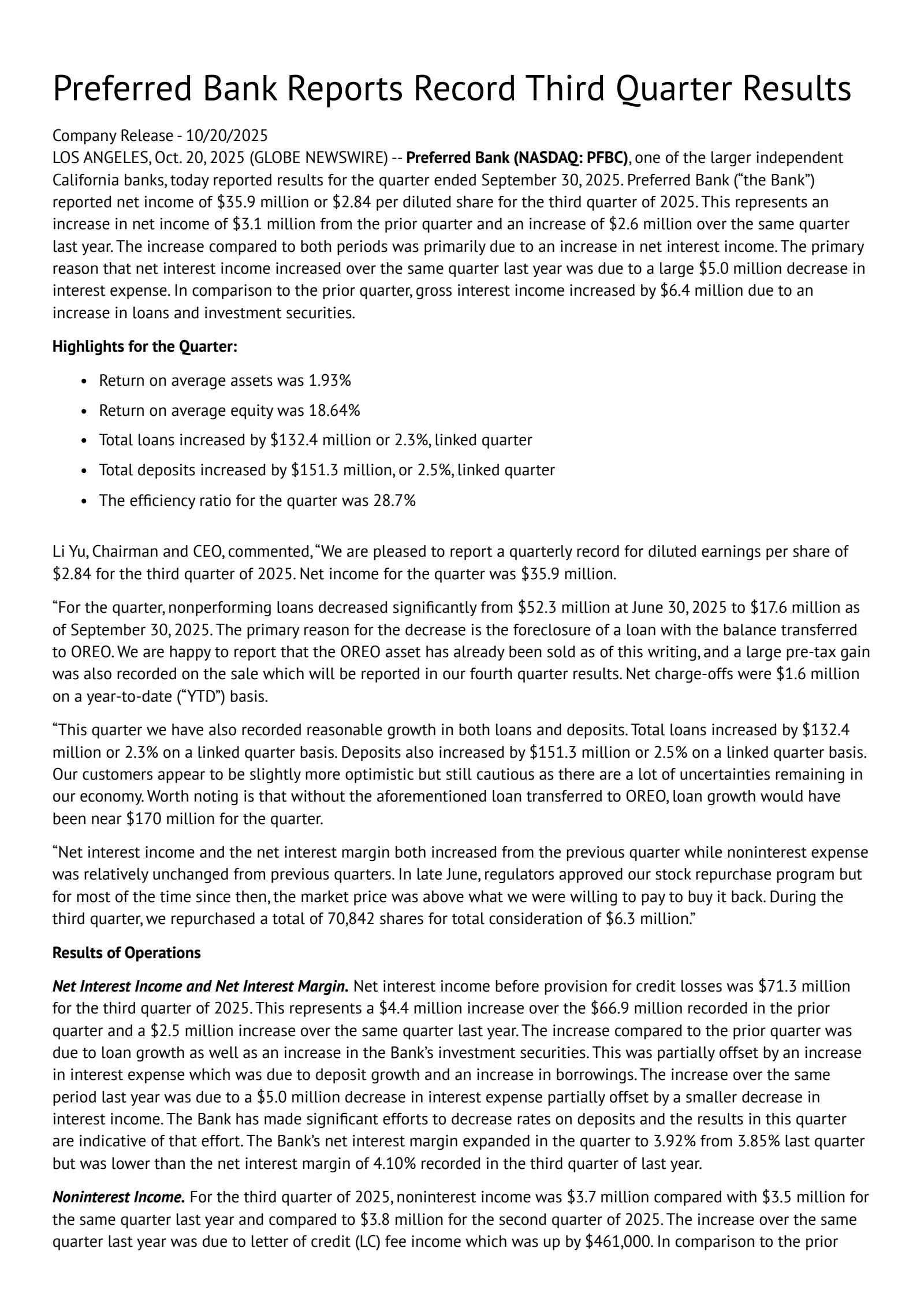 Preferred Bank's Q3 2025 Earnings Release