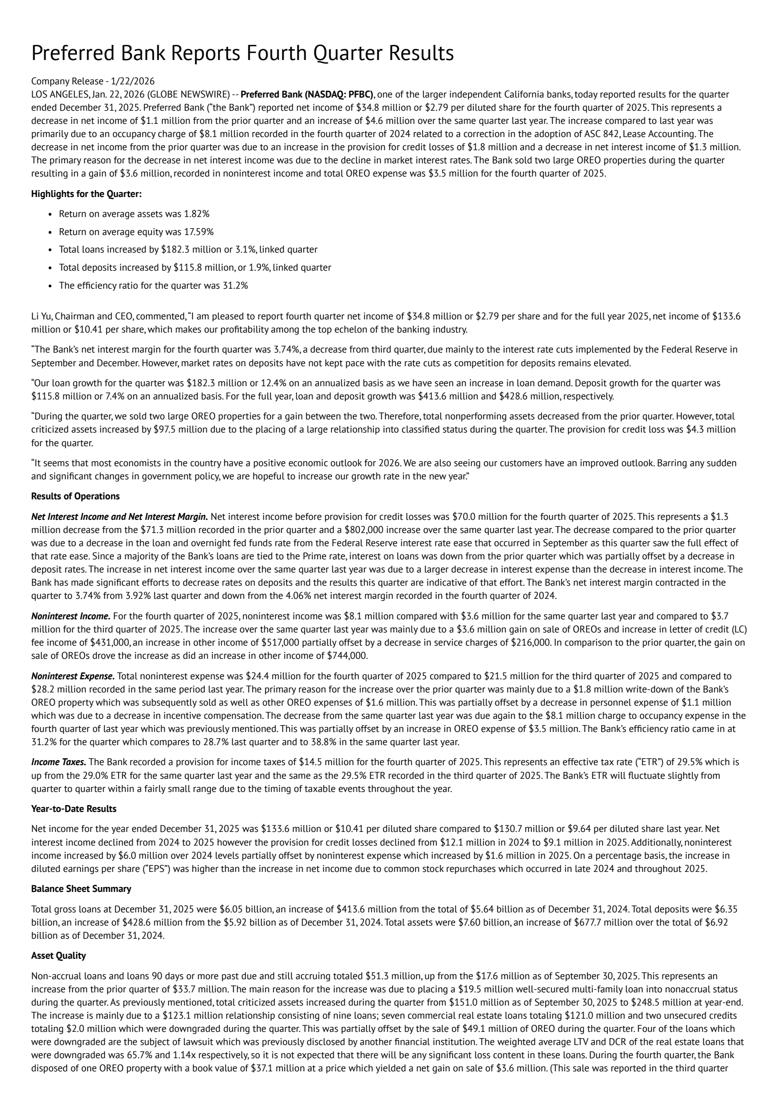 Preferred Bank's Q4 2025 Press Release