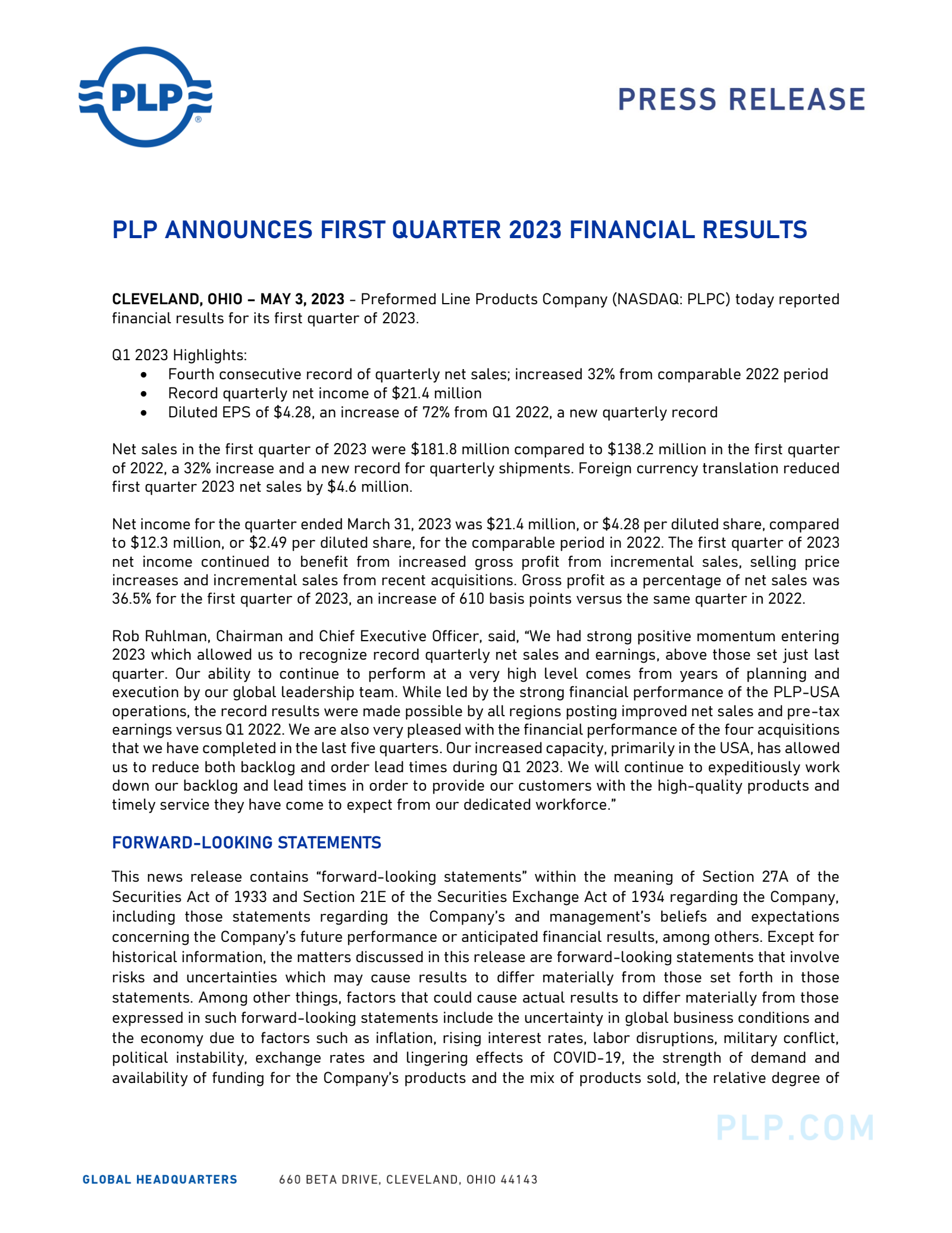 Preformed Line Products' Q1 2023 Press Release