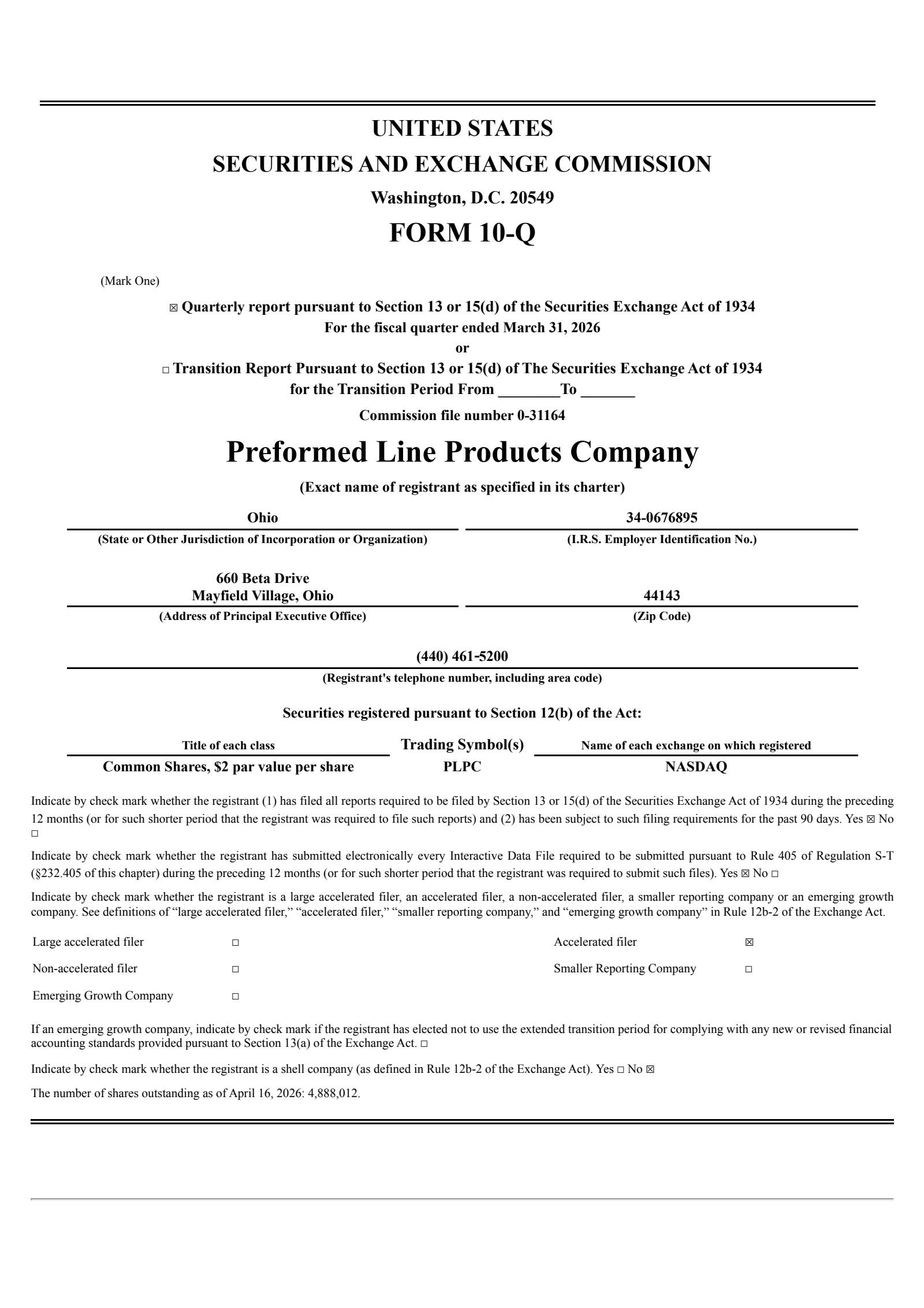 Preformed Line Products' Q1 2026 Quarterly report