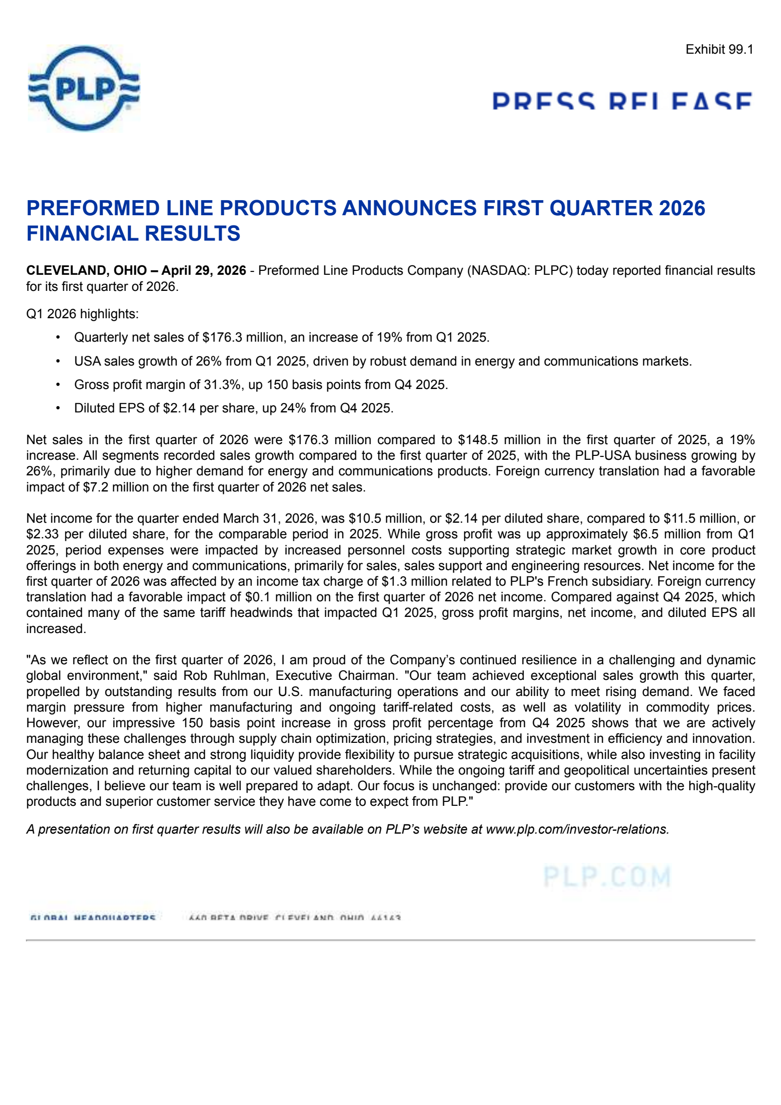 Preformed Line Products' Q1 2026 Press Release