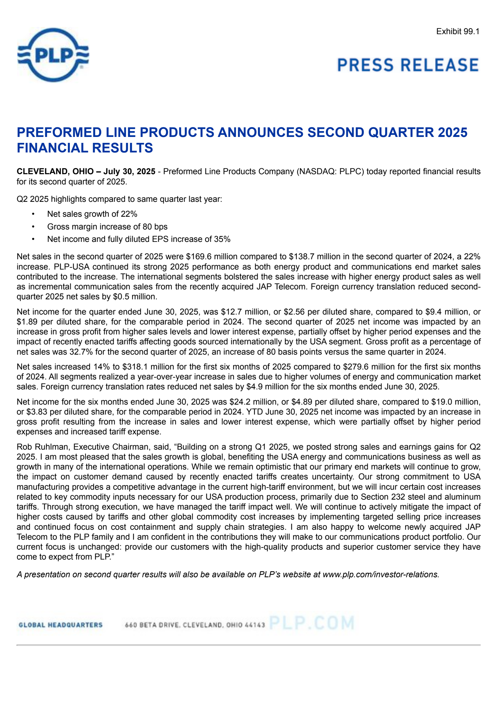 Preformed Line Products' Q2 2025 Press Release