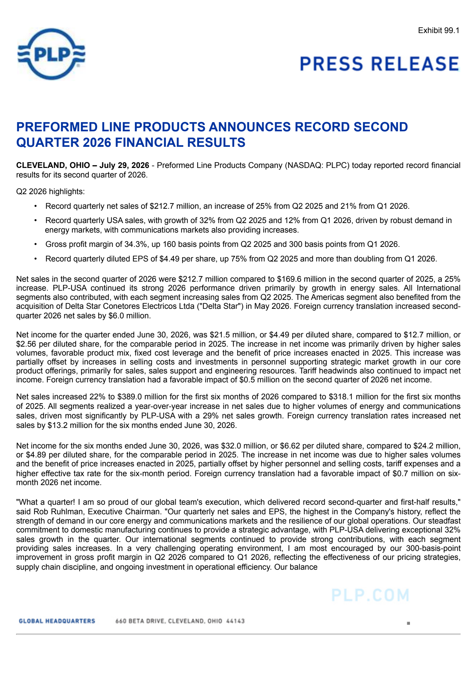 Preformed Line Products' Q2 2026 Press Release