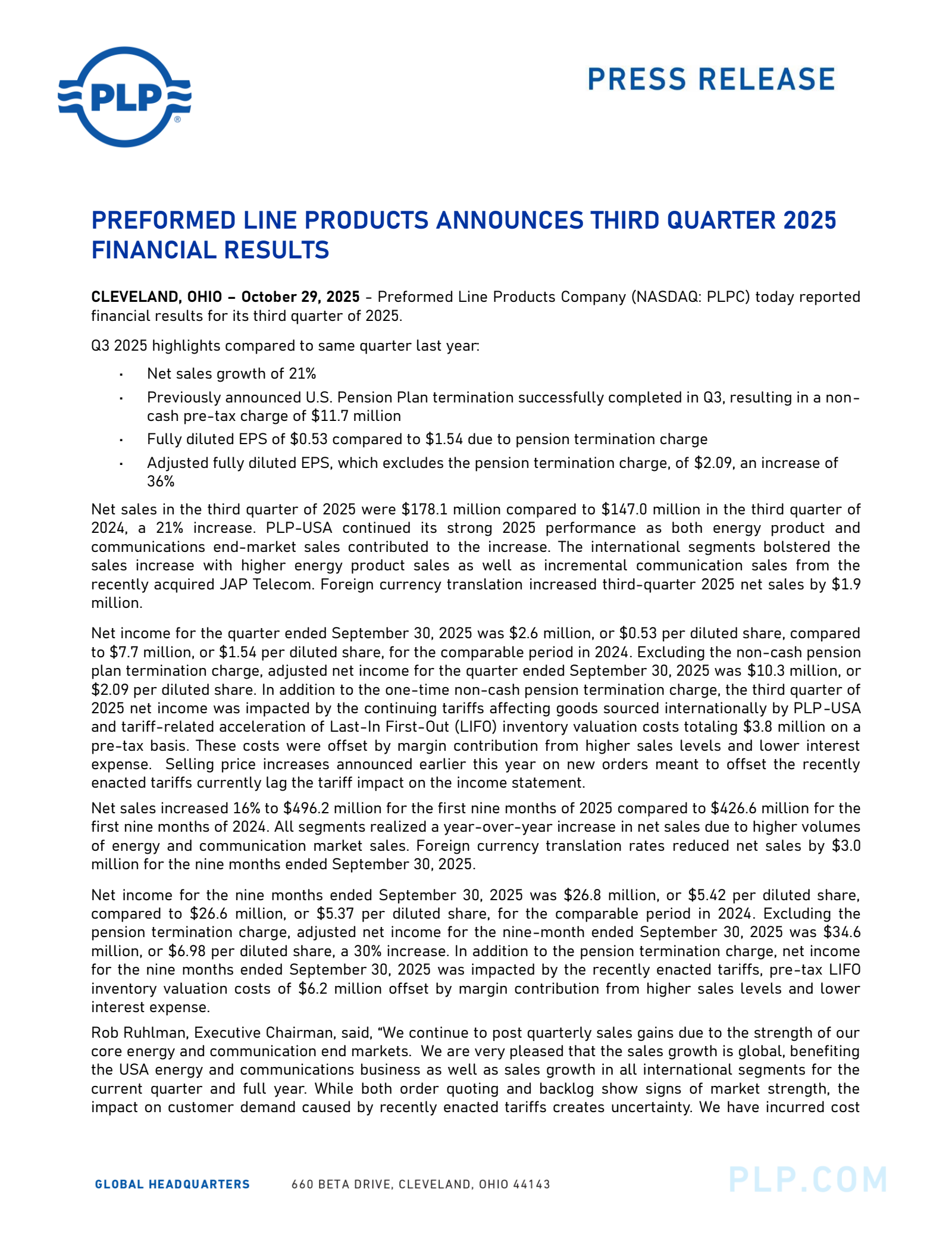Preformed Line Products' Q3 2025 Earnings Release