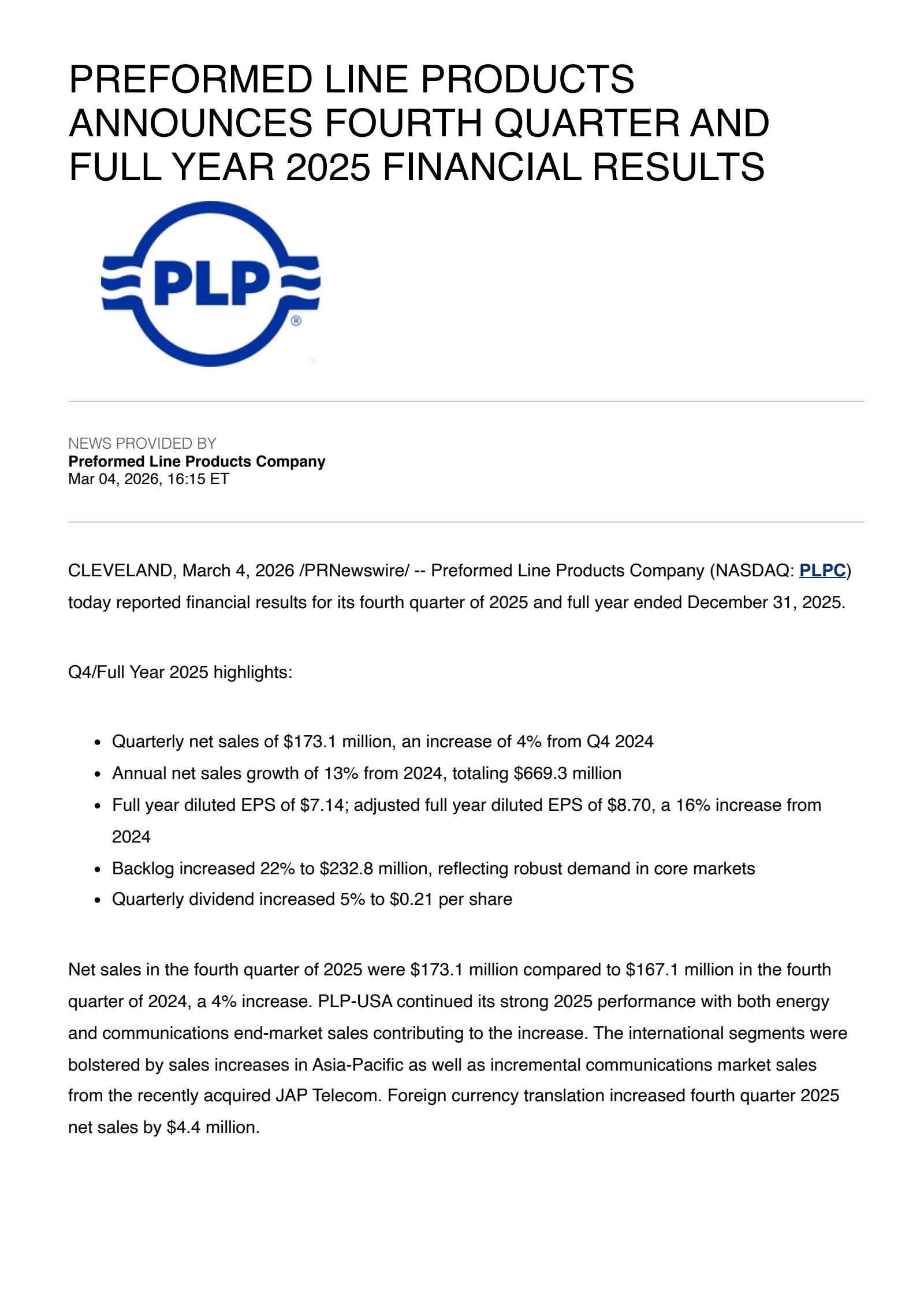 Preformed Line Products' Q4 2025 Press Release