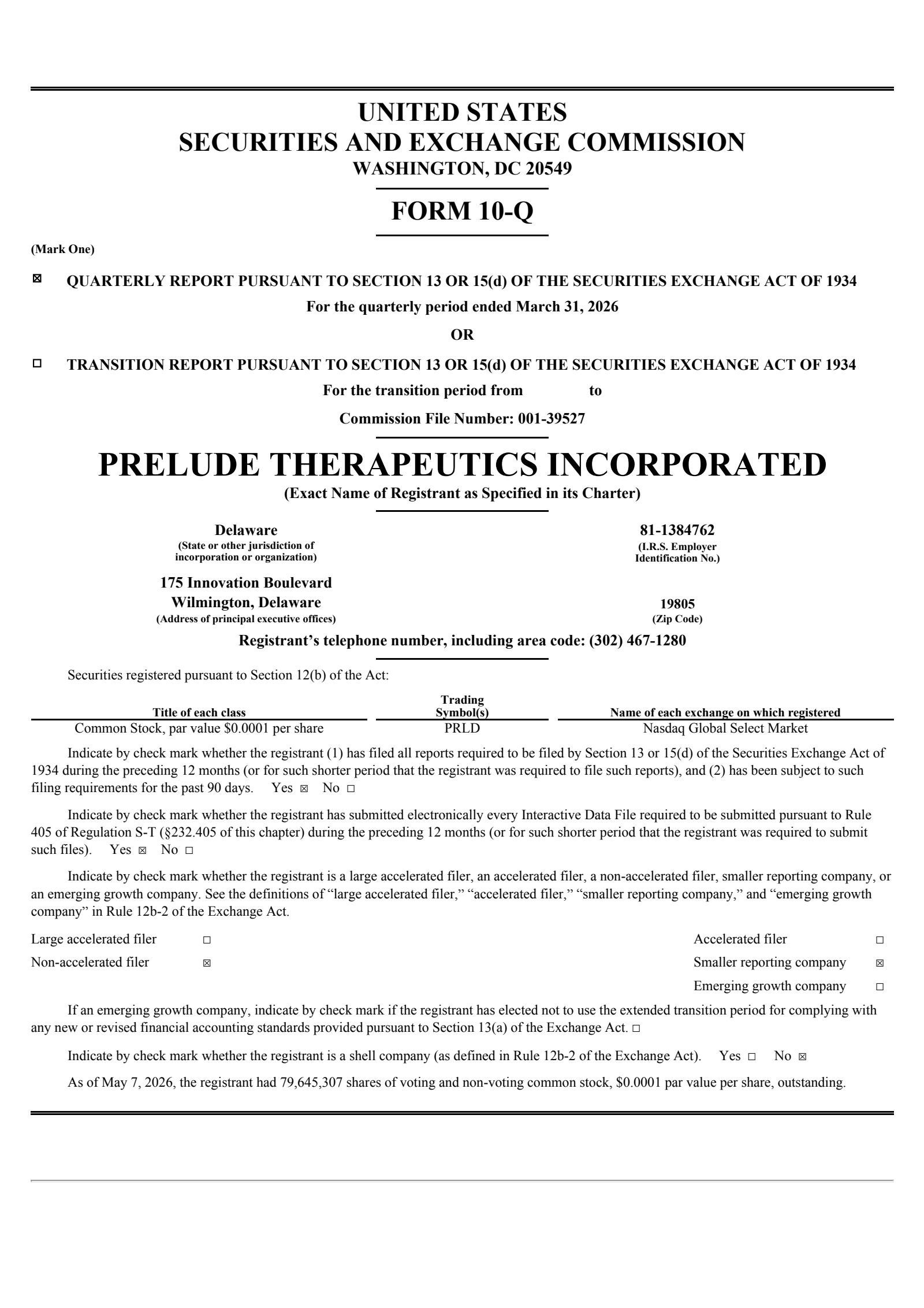 Prelude Therapeutics' Q1 2026 Quarterly report