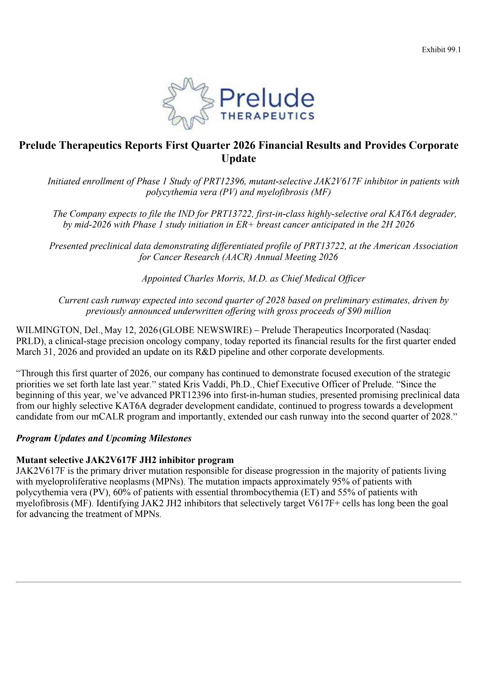Prelude Therapeutics' Q1 2026 Press Release