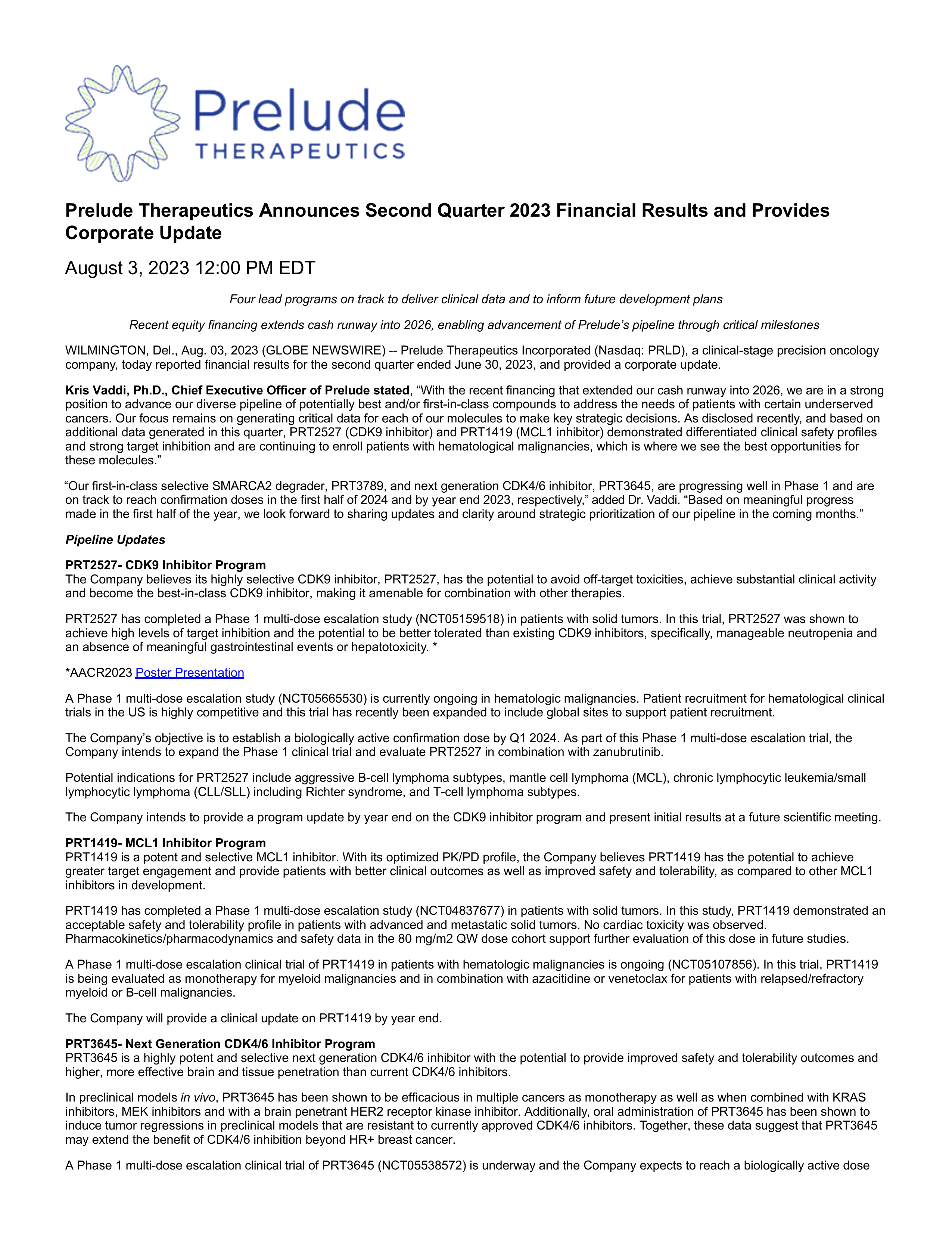 Prelude Therapeutics' Q2 2023 Press Release