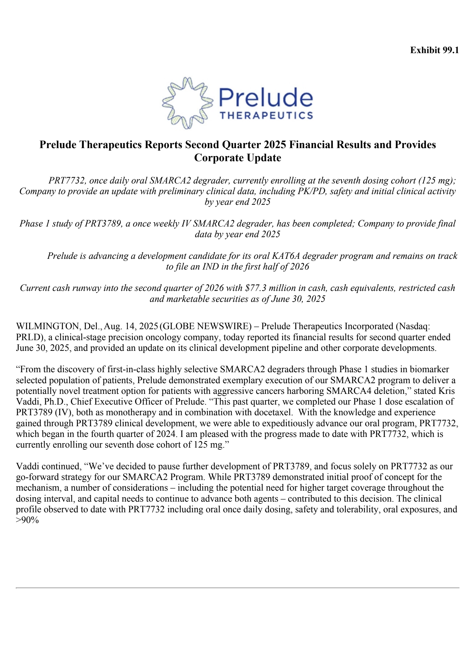 Prelude Therapeutics' Q2 2025 Press Release