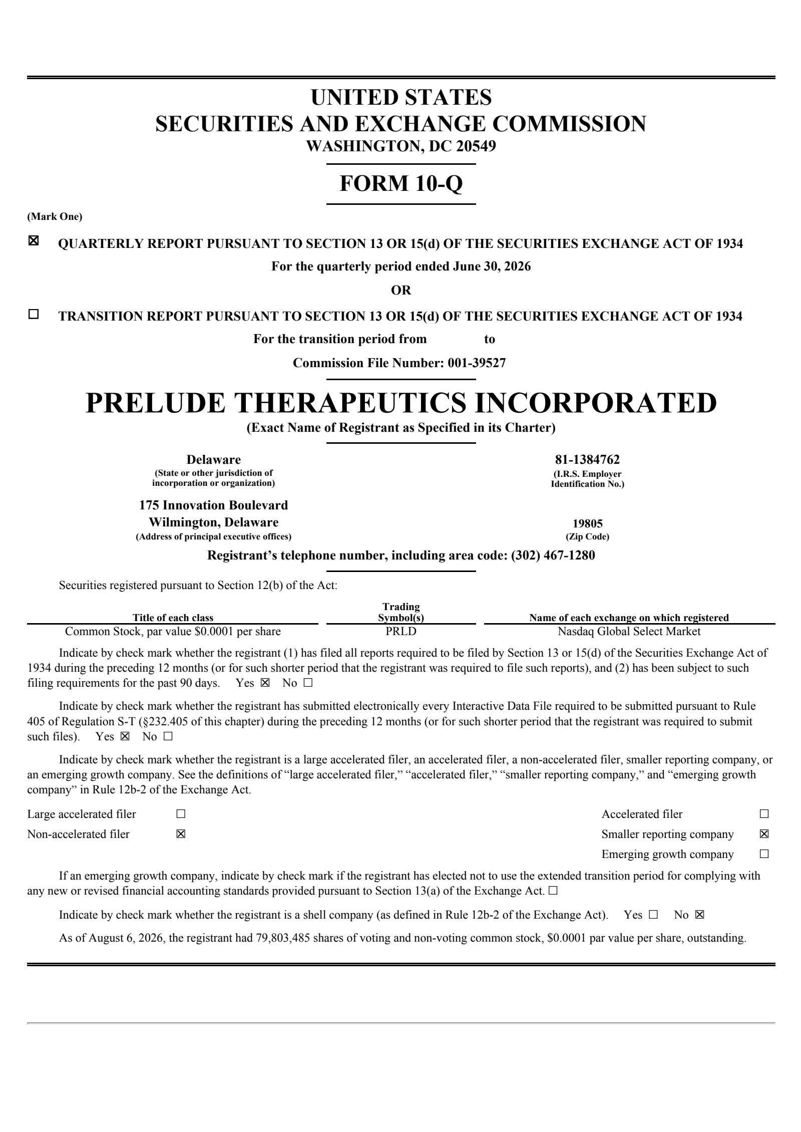 Prelude Therapeutics' Q2 2026 Quarterly report