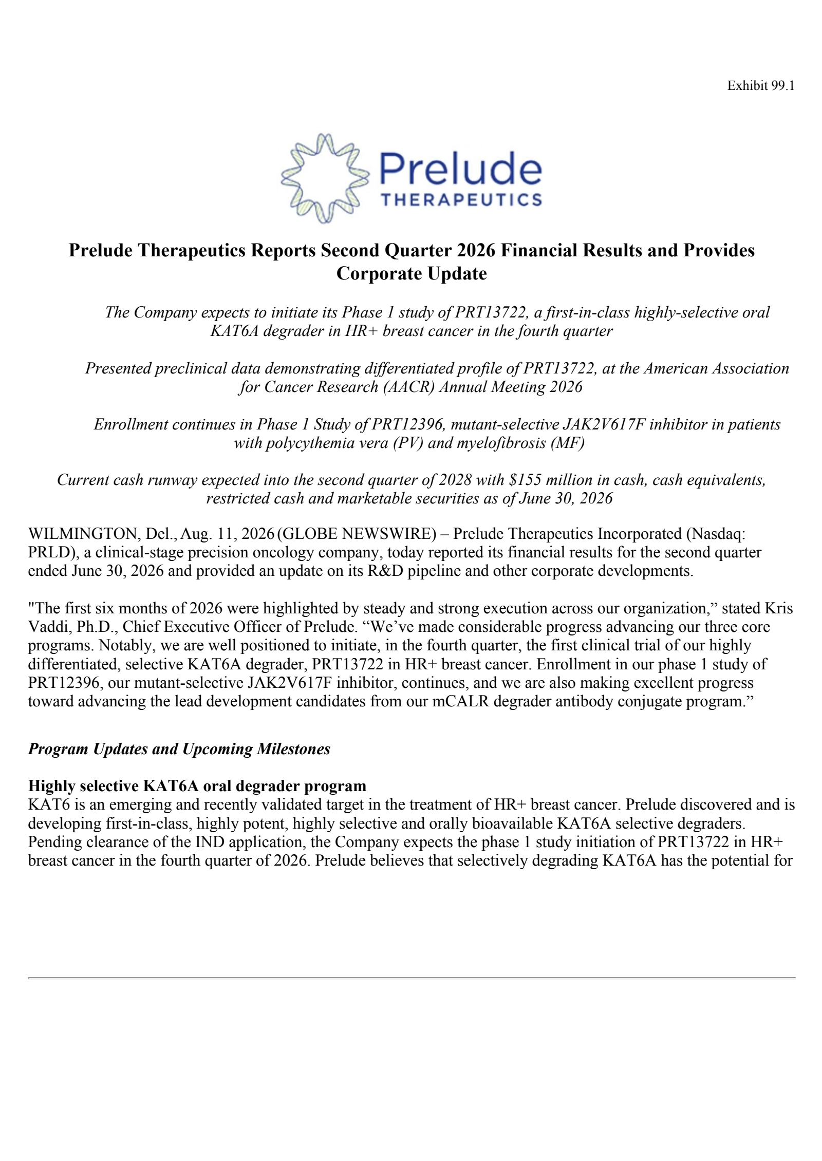 Prelude Therapeutics' Q2 2026 Press Release