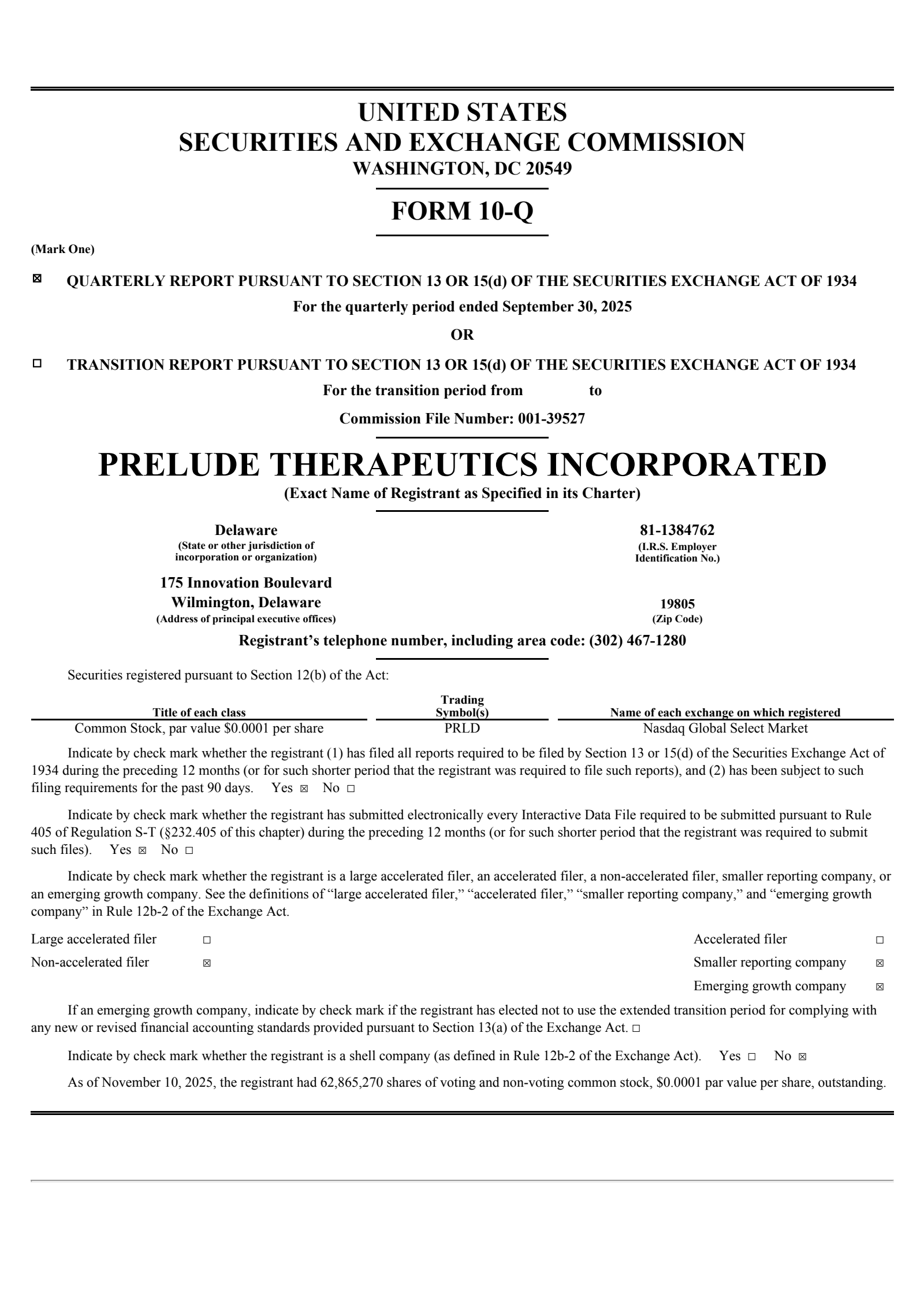 Prelude Therapeutics' Q3 2025 Quarterly Report