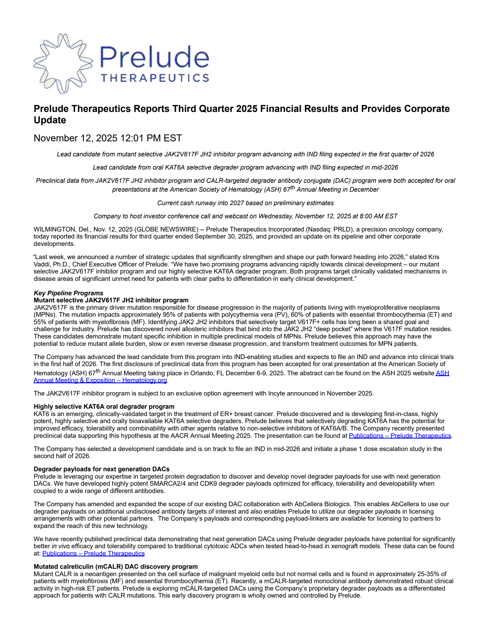 Prelude Therapeutics' Q3 2025 Earnings Release