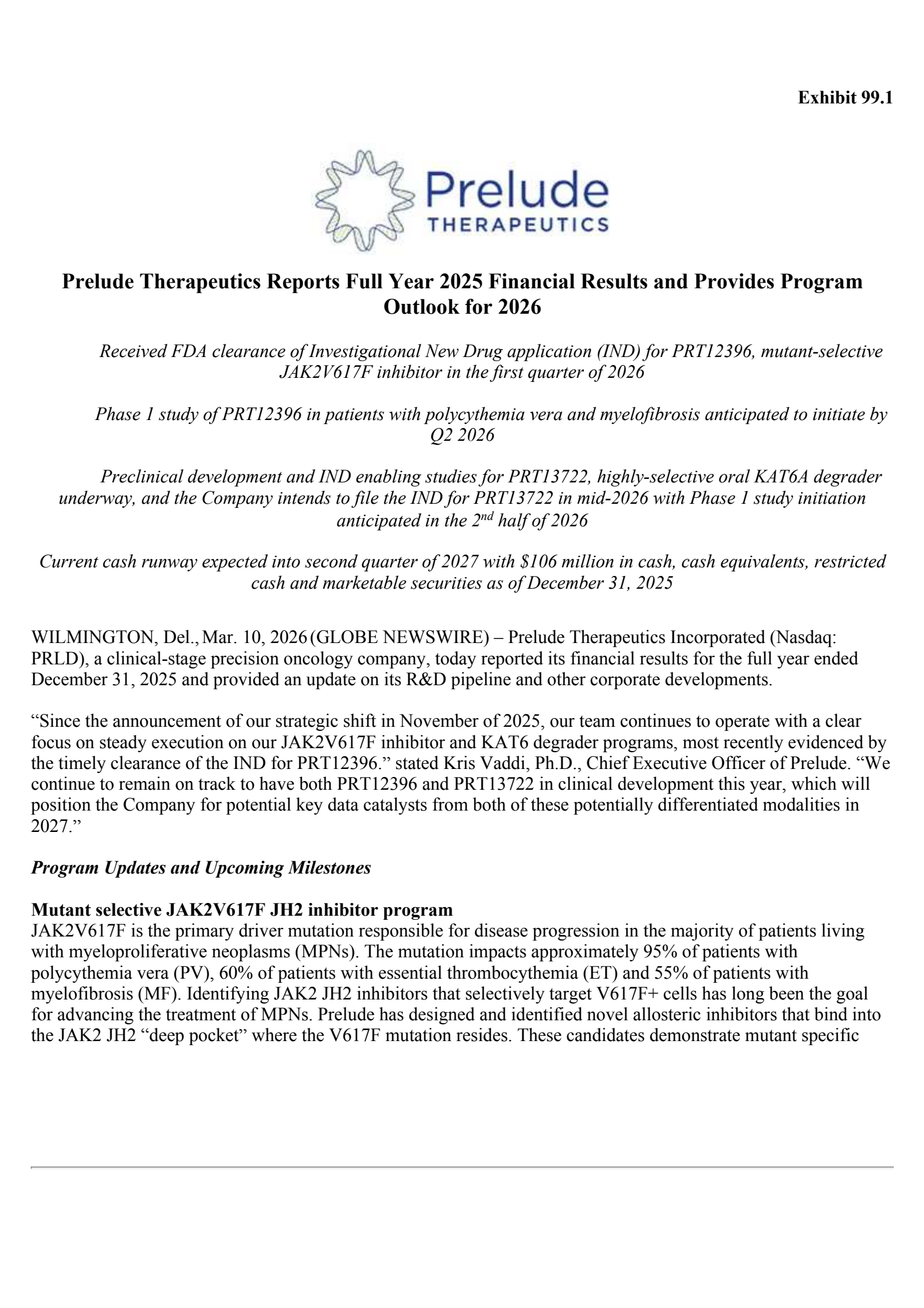 Prelude Therapeutics' Q4 2025 Press Release