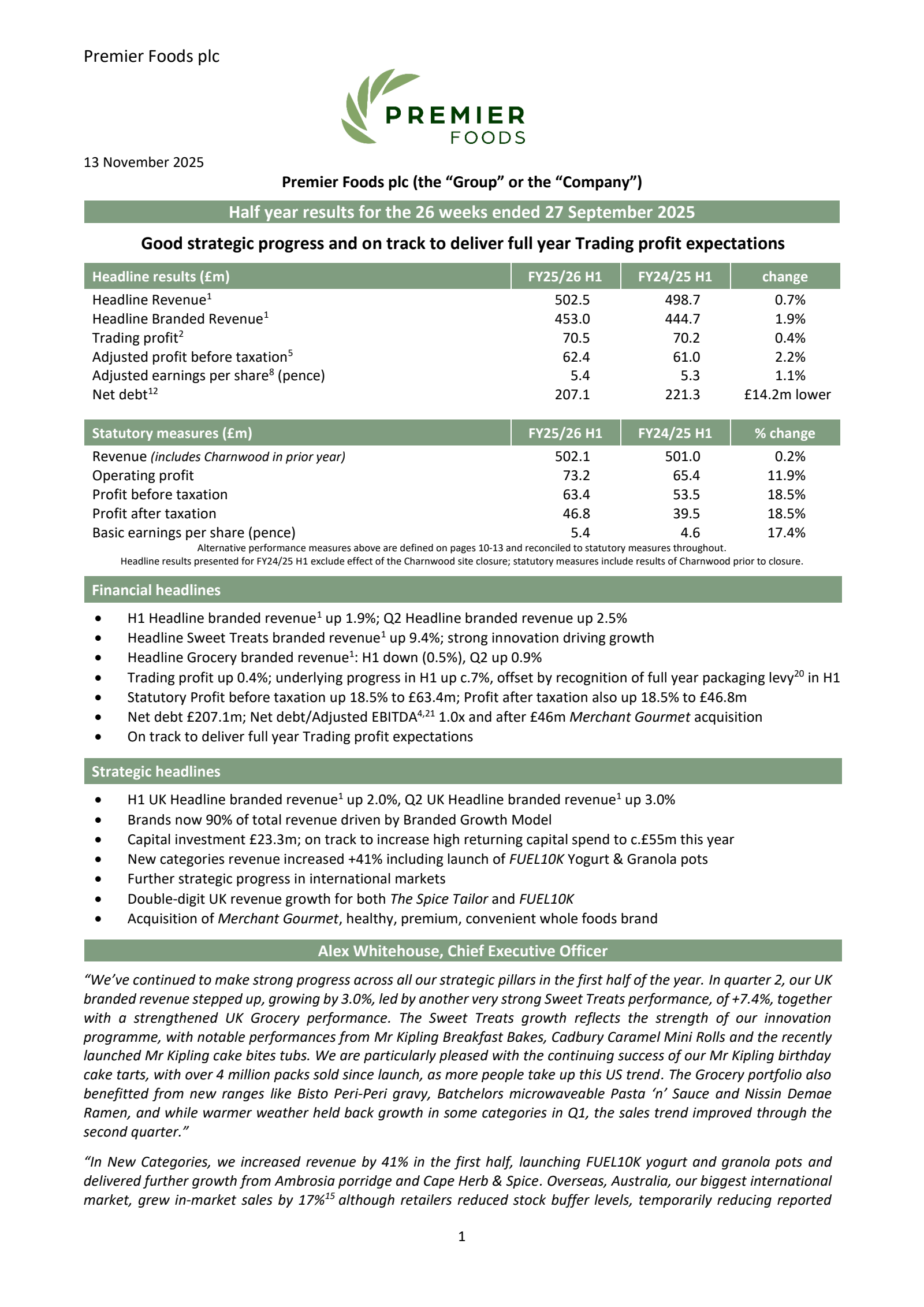 Premier Foods' H1 2026 Interim Report