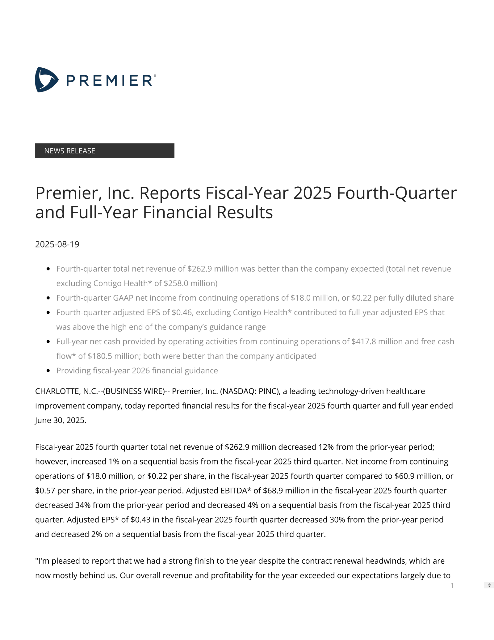 Premier's Q4 2025 Press Release