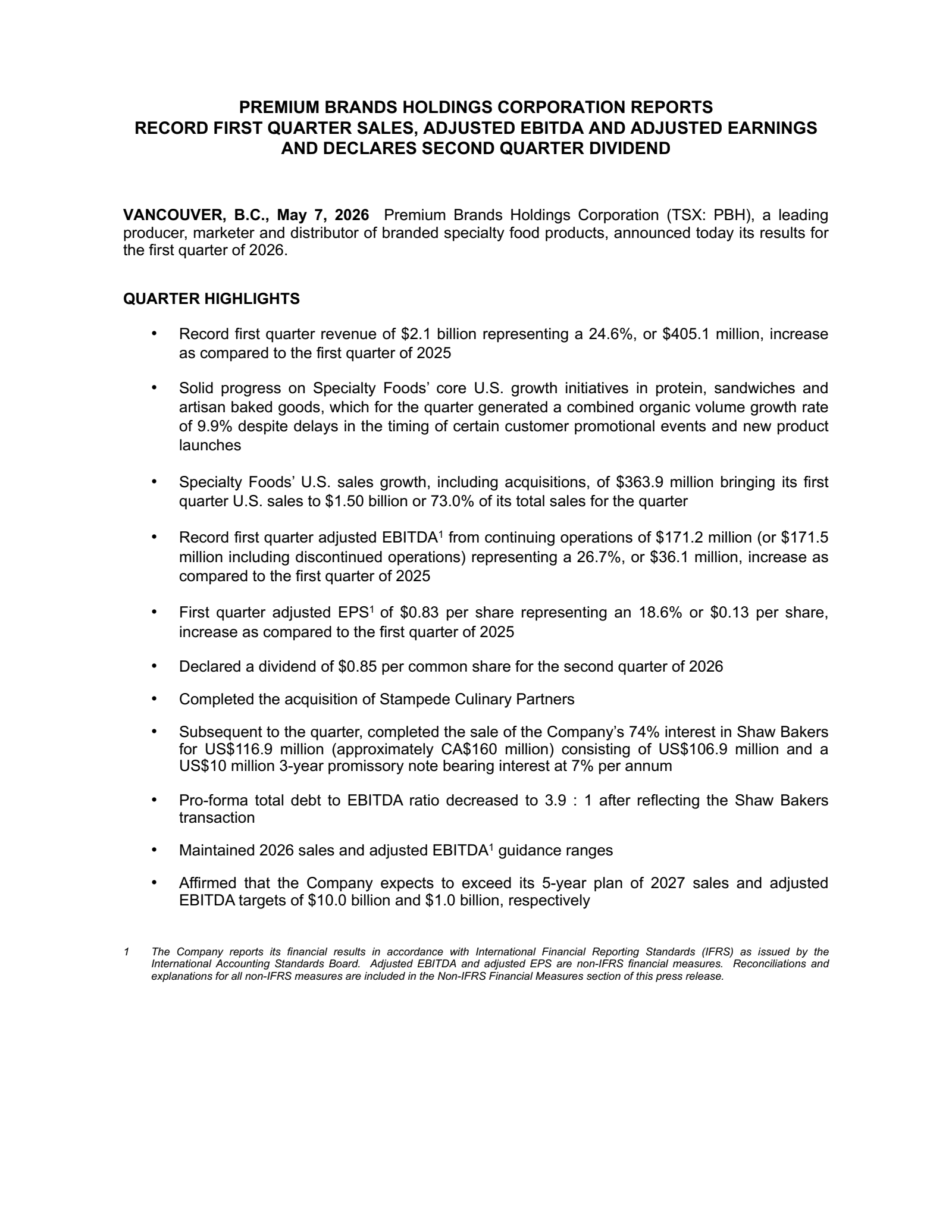 Premium Brands' Q1 2026 Prepared Remarks Press Release