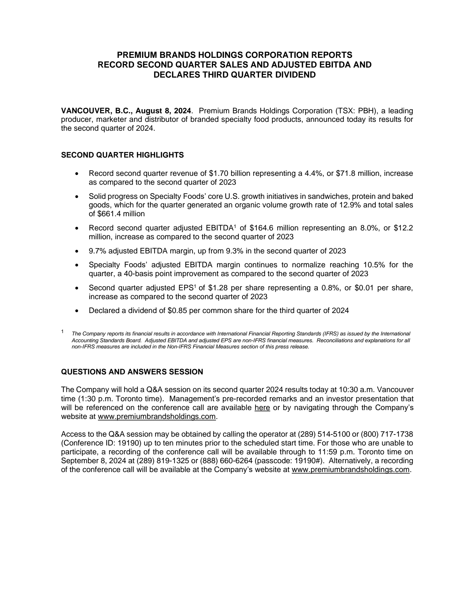 Premium Brands' Q2 2024 Press Release