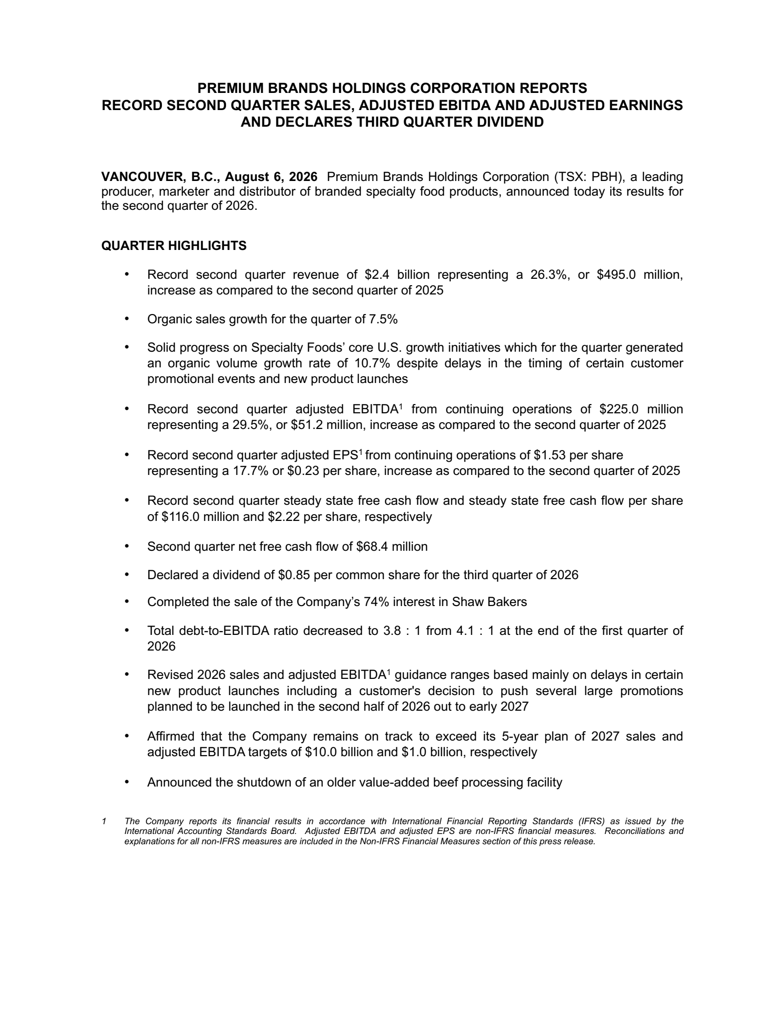 Premium Brands' Q2 2026 Prepared Remarks Press Release
