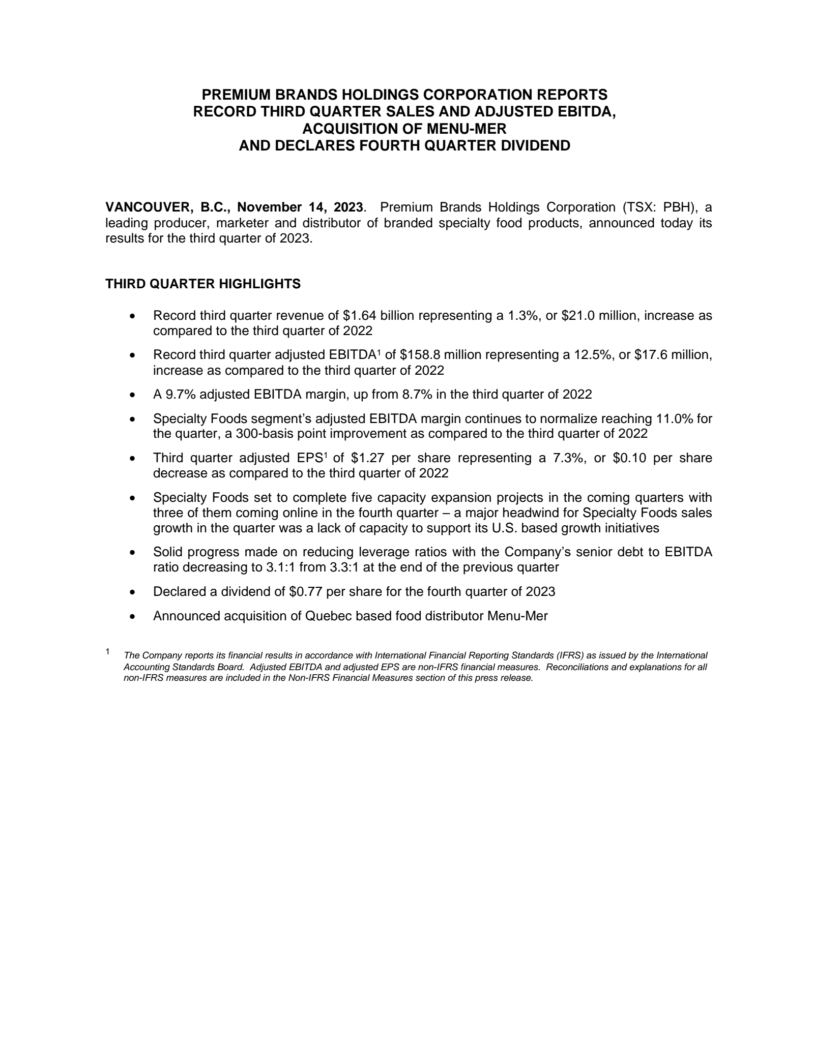 Premium Brands' Q3 2023 Press Release