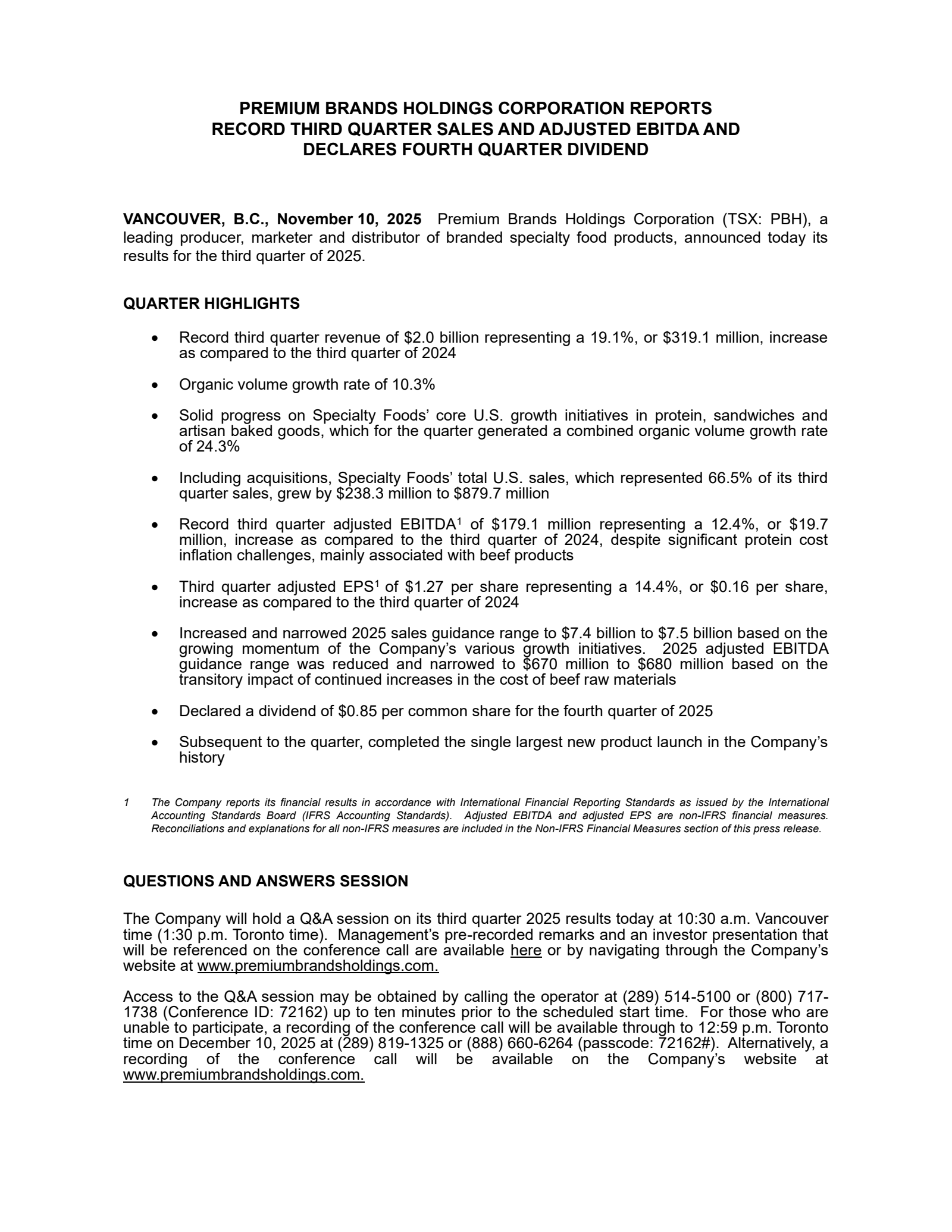 Premium Brands' Q3 2025 Prepared Remarks Earnings Release