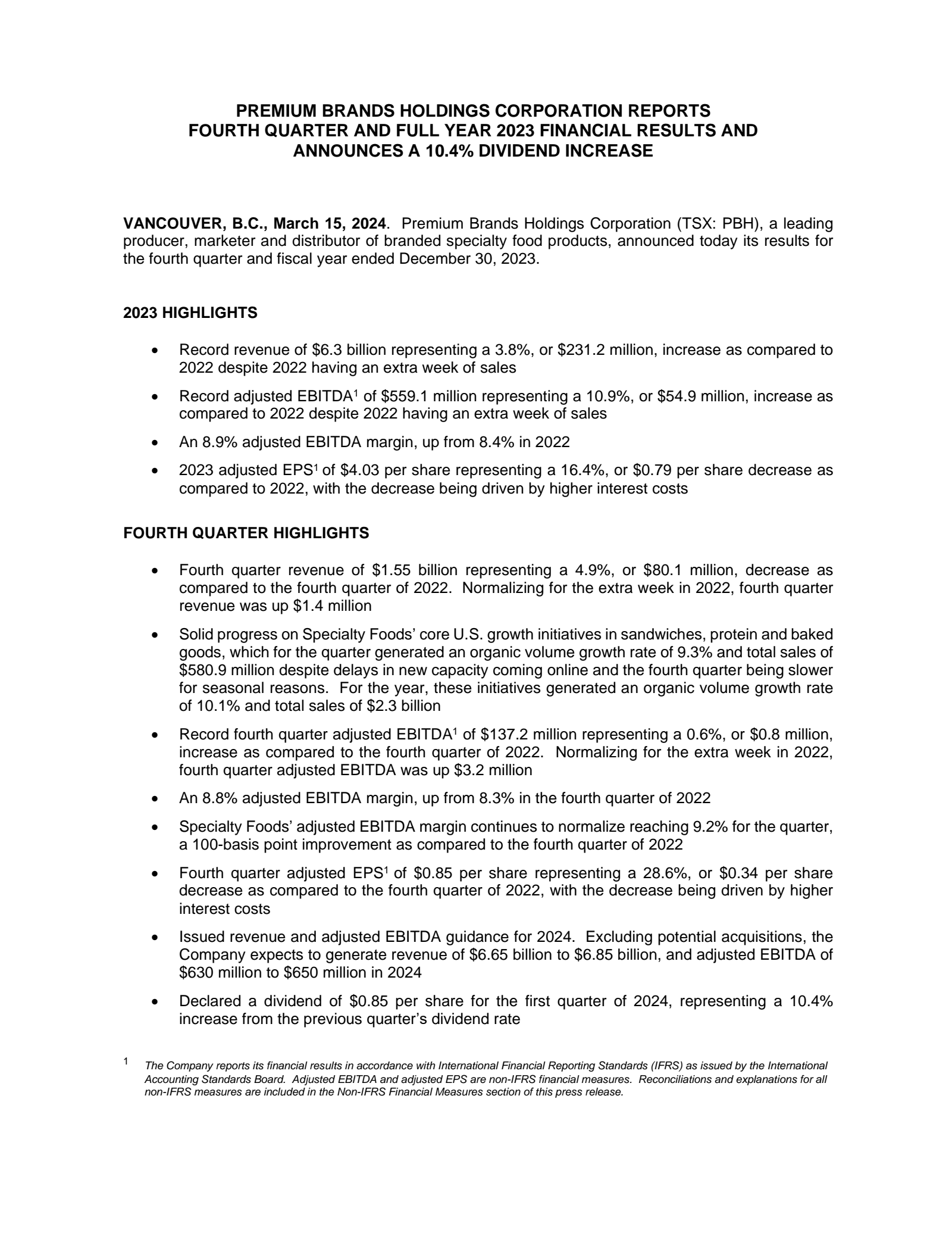 Premium Brands' Q4 2023 Prepared Remarks Press Release