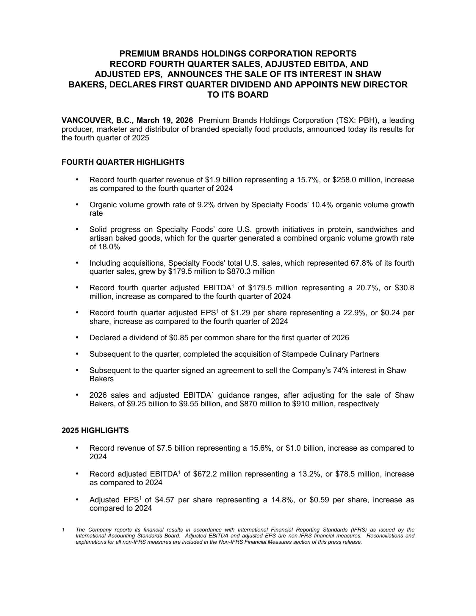 Premium Brands' Q4 2025 Prepared Remarks Press Release