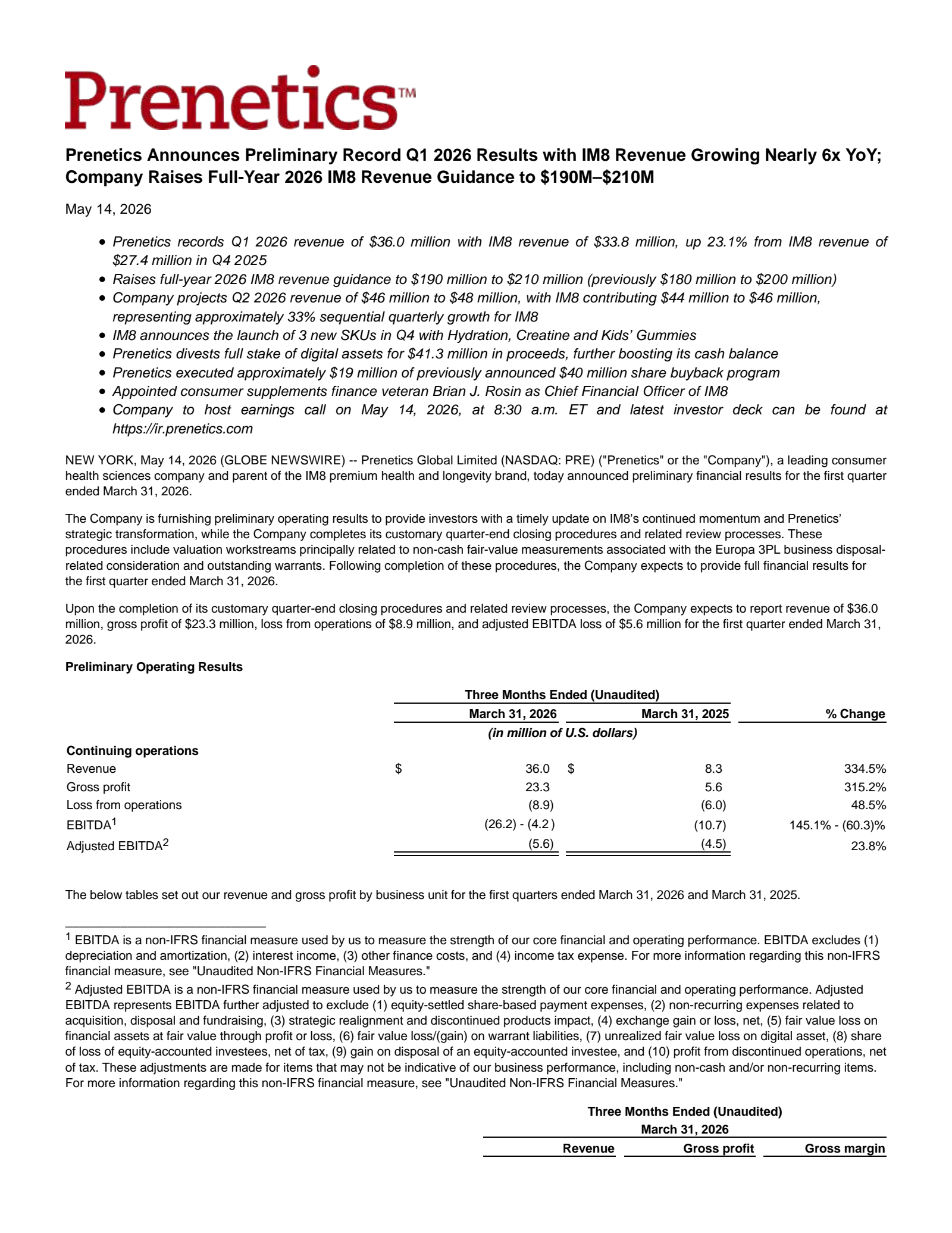 Prenetics Global's Q1 2026 Press Release