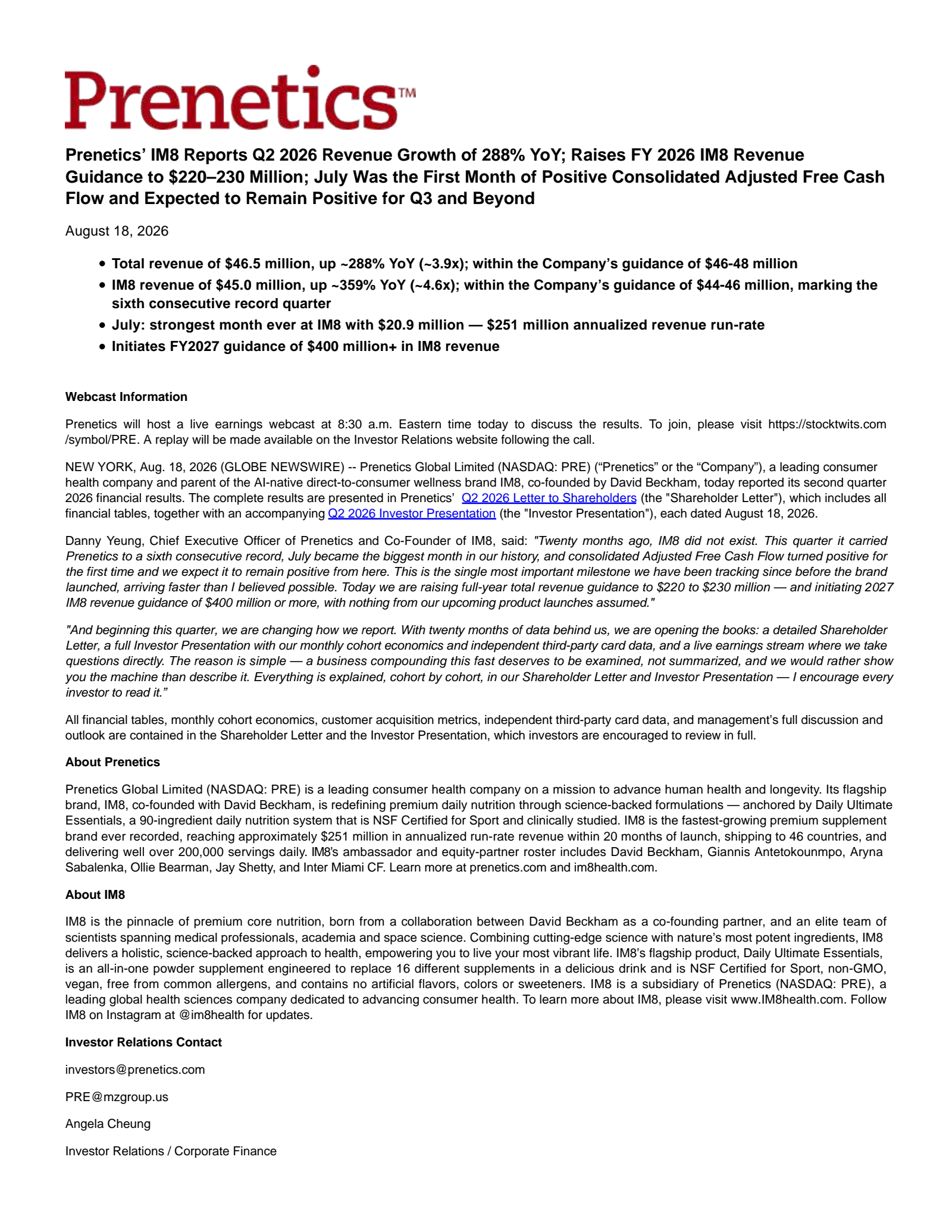 Prenetics Global's Q2 2026 Press Release