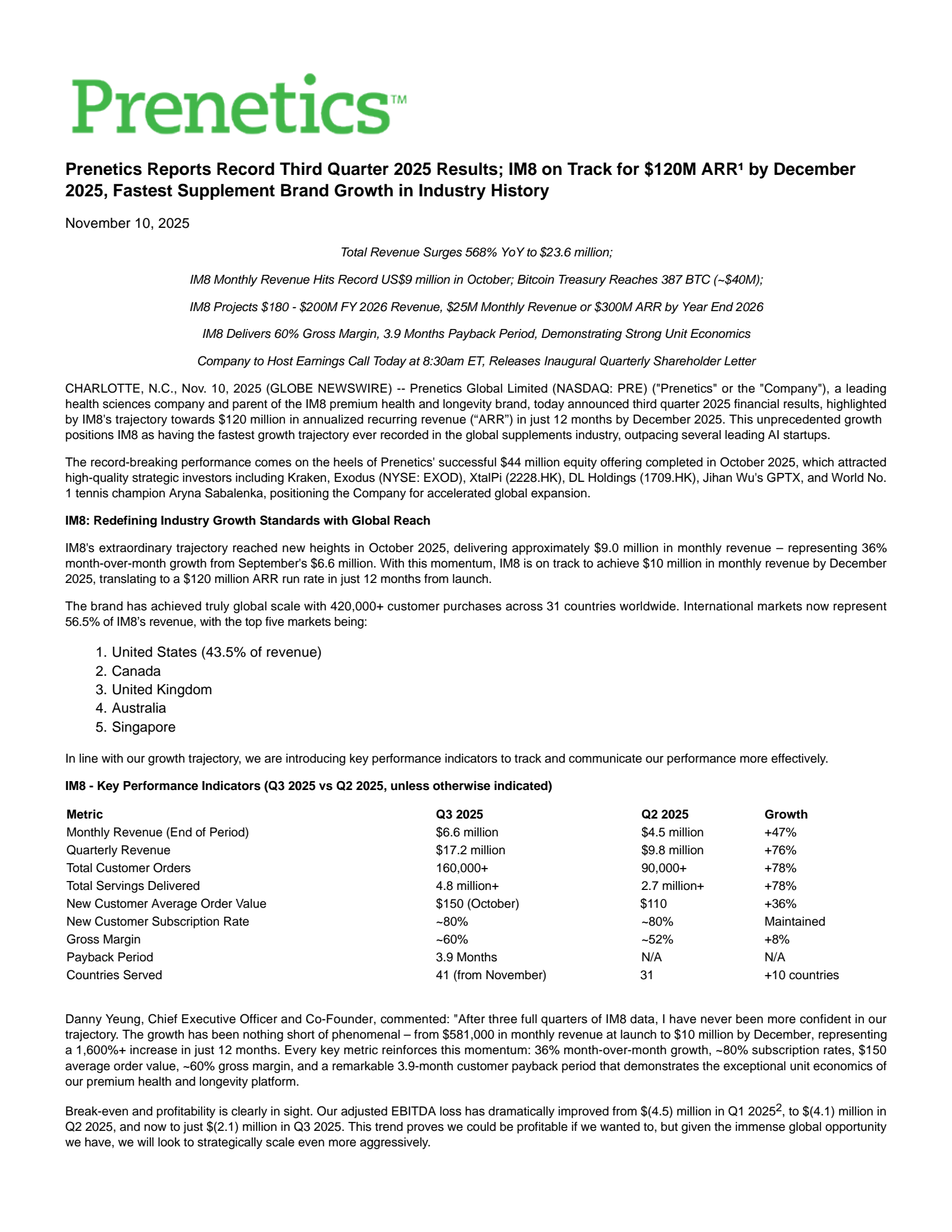 Prenetics Global's Q3 2025 Earnings Release